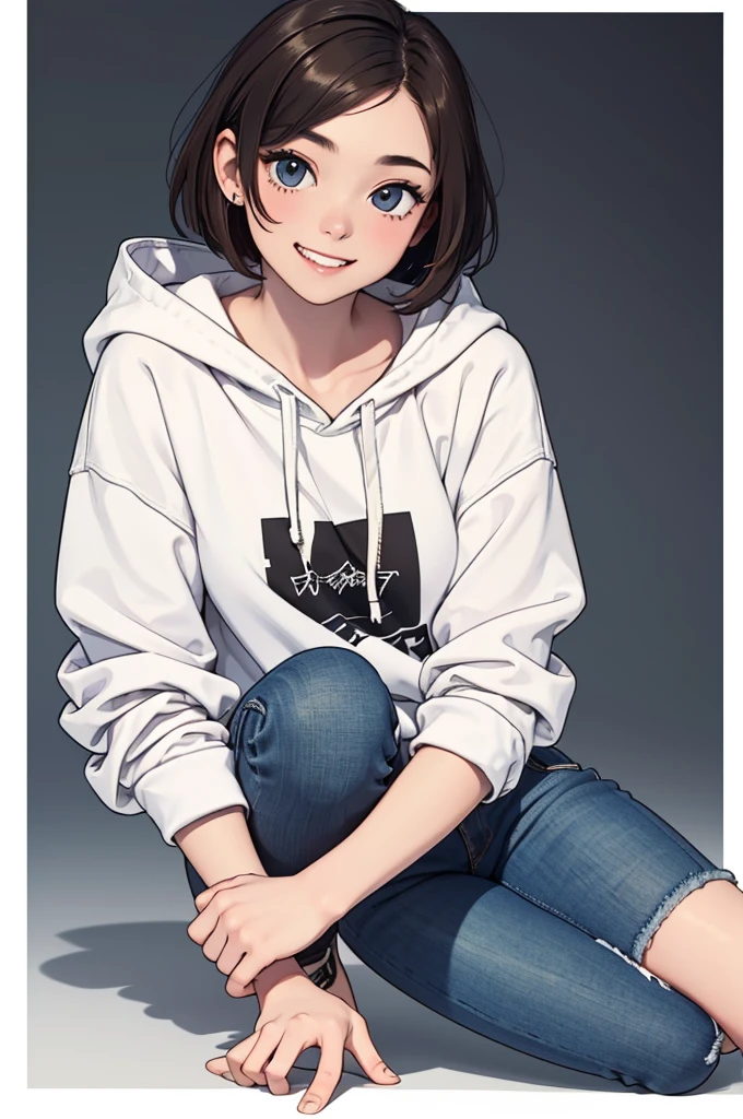(((masterpiece, best quality, ultra highres, 1 girl, solo, no background))), super detailed skin and face and eyes and finger, beautiful japanese woman, small breasts:1.5, skinny, light brown hair, white background, very short pixie hair, Knee shot, Generate with illustrations, Various expressions, Various poses, Please draw the entire character within the frame, ensuring that the head, arms, and legs are not cut off. The background should be simple, with the character positioned centrally, outline, anime, 2d, boyish, smile showing teeth, spread legs, streetwear, street fashion, hoodie , blue jeans,