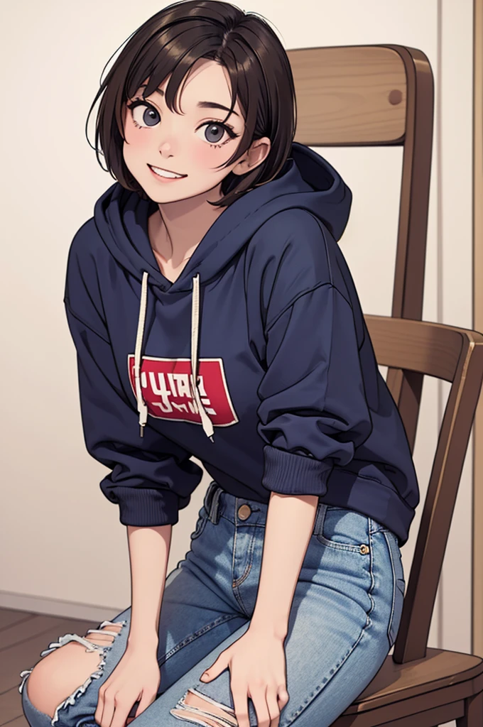 (((masterpiece, best quality, ultra highres, 1 girl, solo, no background))), super detailed skin and face and eyes and finger, beautiful japanese woman, small breasts:1.5, skinny, light brown hair, white background, very short pixie hair, Knee shot, Generate with illustrations, Various expressions, Various poses, Please draw the entire character within the frame, ensuring that the head, arms, and legs are not cut off. The background should be simple, with the character positioned centrally, outline, anime, 2d, boyish, smile showing teeth, spread legs, streetwear, street fashion, hoodie , blue jeans,