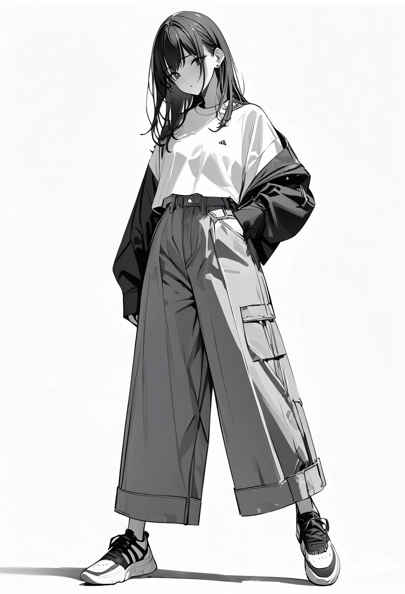 (masterpiece、Highest quality:1.2、8K)、Centered、Only one girl、shirt、Wide-leg trousers、Simple single-color sneakers、whole body、Simple Background、White background、