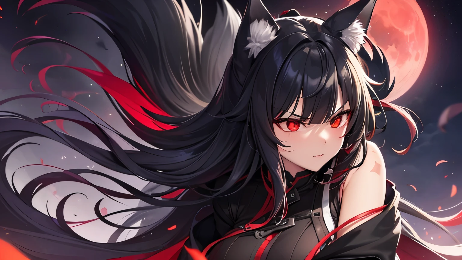 ((Wolf Girl)), ((Wolf)), Black Coat, ((Red Eyes)), ((Possessive)), ((Long Tail)), Angry, Scars, Night, Moon, HD, High Resolution, 4K