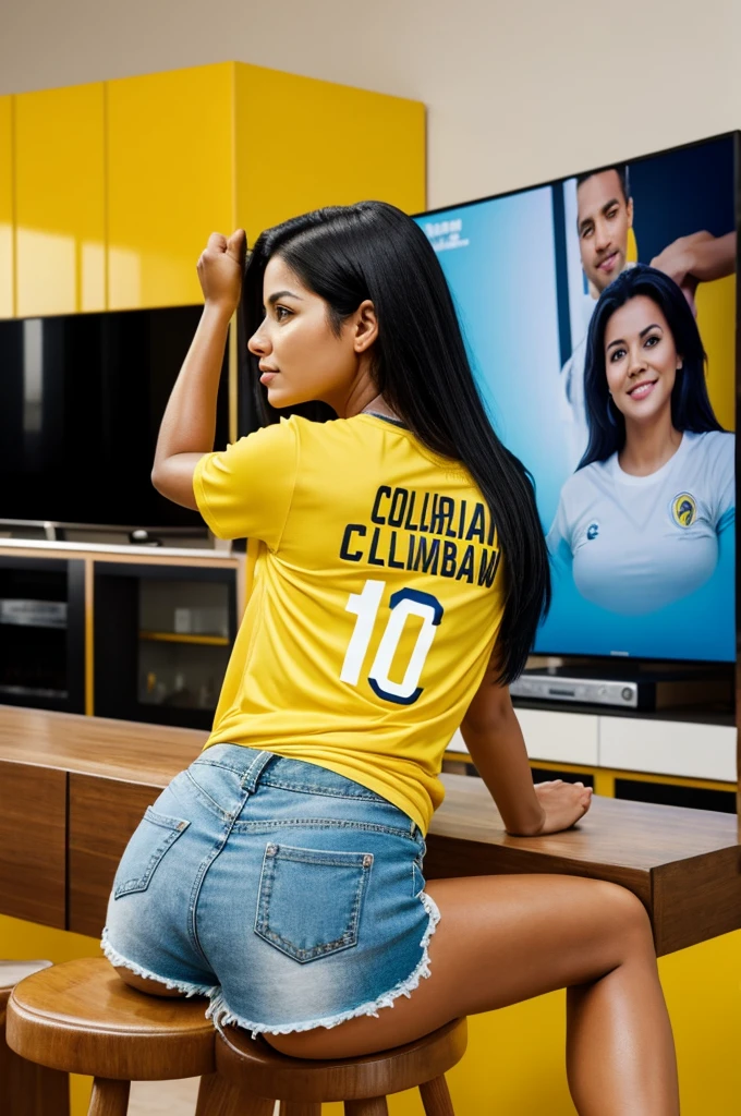 Woman from behind watching large TV screen with the yellow Colombia national team t-shirt 10 name of the t-shirt Yina, black hair color with straight semi-shorts, friends and husband, beers, chewing gum