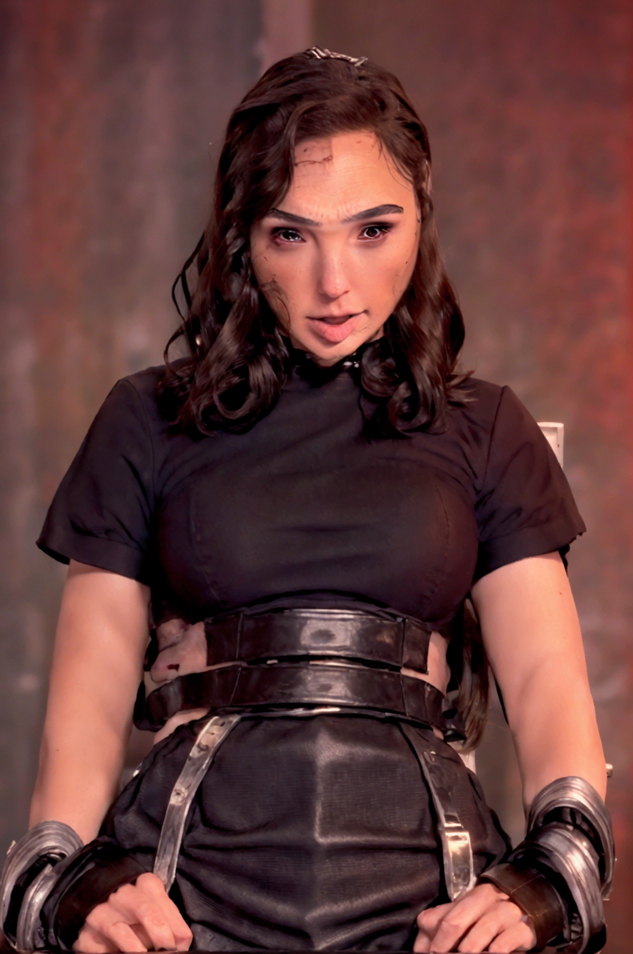 GAL GADOT, (blushful, terrifed, cryin), tied to a chair, tied to the chair, (manga curta, mini-skirt, seaman uniform), (Inside the basement, underground), (wrist cuffs, Ankle cuffs, bound wrists, ankles tied), perfectbody, face detailed, detailedeyes, whole body, image taken from afar