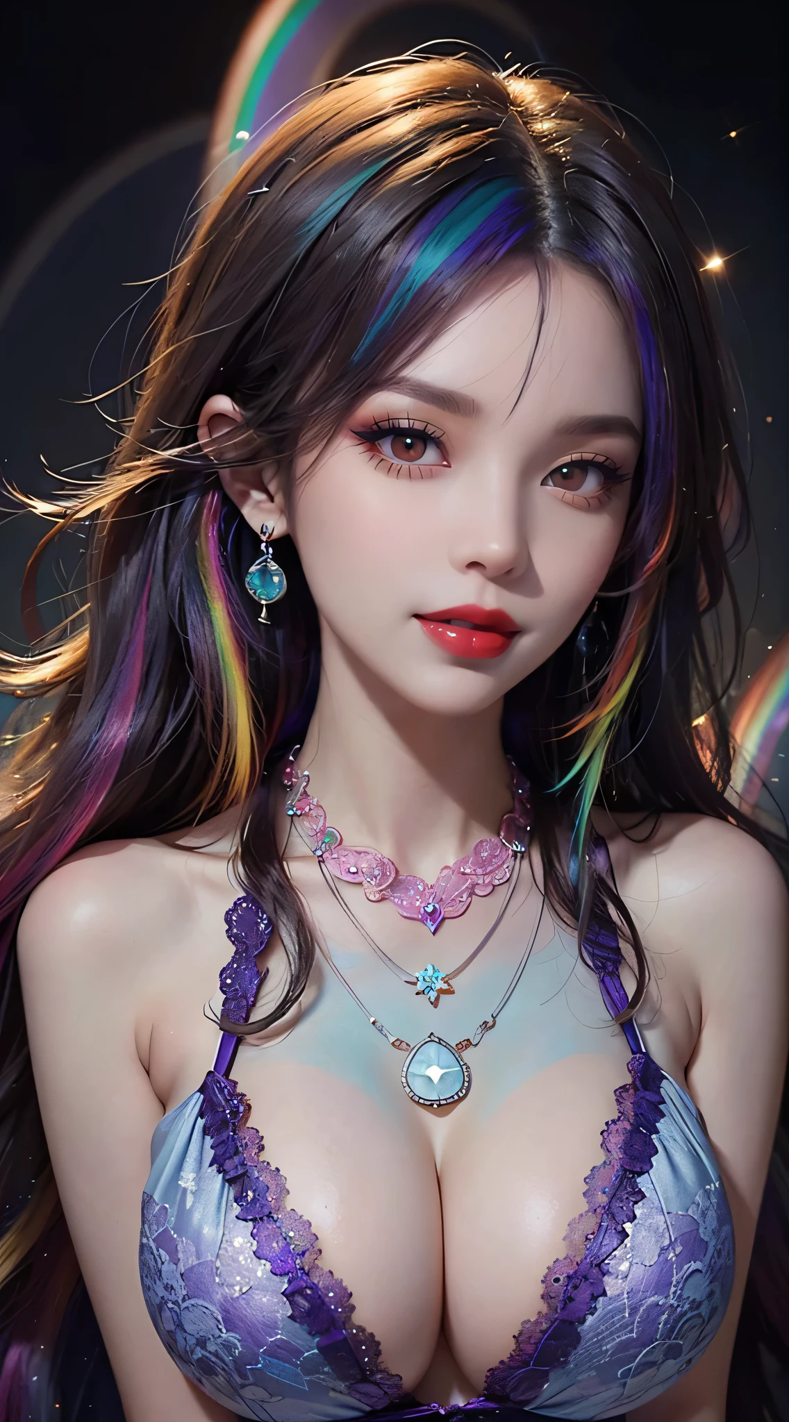 A beautiful and sexy 20-year-old girl, wearing an ultra-thin red dress, a diamond-embellished dress, ((long rainbow-dyed hair:1.6)), bangs, elaborate jewelry made from precious stones, and beautiful hair, ((wearing a purple lace necklace:1.6))), the aristocratic and aristocratic style of the girl is extremely beautiful, the small face is super cute, the face is very pretty, the eyebrows are thin, the flawless beautiful face, ((black eye pupils: 0.8)), very beautiful eyes, ((light blue eyes: 1.5)), beautiful makeup and detailed eyelashes, steamy eye makeup , high nose, earrings, red lips, ((closed mouth: 1;5 )) beautiful lips, slim hands, most beautiful thighs, ((arms spread out to the sides: 1.5)), rosy face, clean face , flawless beautiful face, smooth white skin, (big breasts: 1.5)), ((high breasts: 1.6)), Plump breasts, nice cleavage, ((big and super round breasts: 1.8))), ((super tight breasts: 1.5)) , beautiful breasts, back arms, beautiful girl's upper body, 8k photo, super high quality, super realistic, 10x super pixel, optical, dark studio, light border, two-tone light, (high detail skin:1.2), super 8k, soft light, high quality, volumetric lighting, realistic, Photo, high resolution, lighting, best photo, 4k quality, 8k, effects blur, Smooth and sharp, 10 x pixels, (galaxy: 1.7), aurora, lightning, surreal graphics, most realistic graphics, alone, solo, Extremely sharp, surreal images, ( ((frontal portrait:1.3)))."