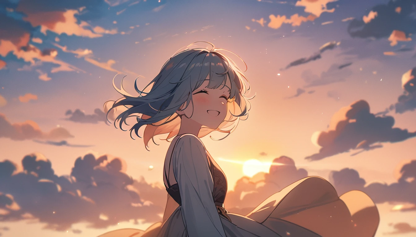 masterpiece, Highest quality, Movie stills, 1 Girl, Cloud Girl, Floating in the sky, close, bright, Happy, Warm and soft lighting, sunset, (spark:0.7)