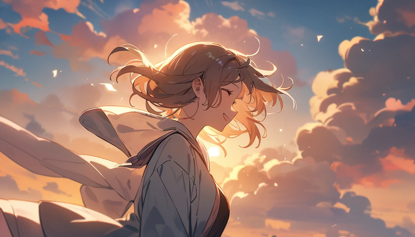 masterpiece, Highest quality, Movie stills, 1 Girl, Cloud Girl, Floating in the sky, close, bright, Happy, Warm and soft lighting, sunset, (spark:0.7)