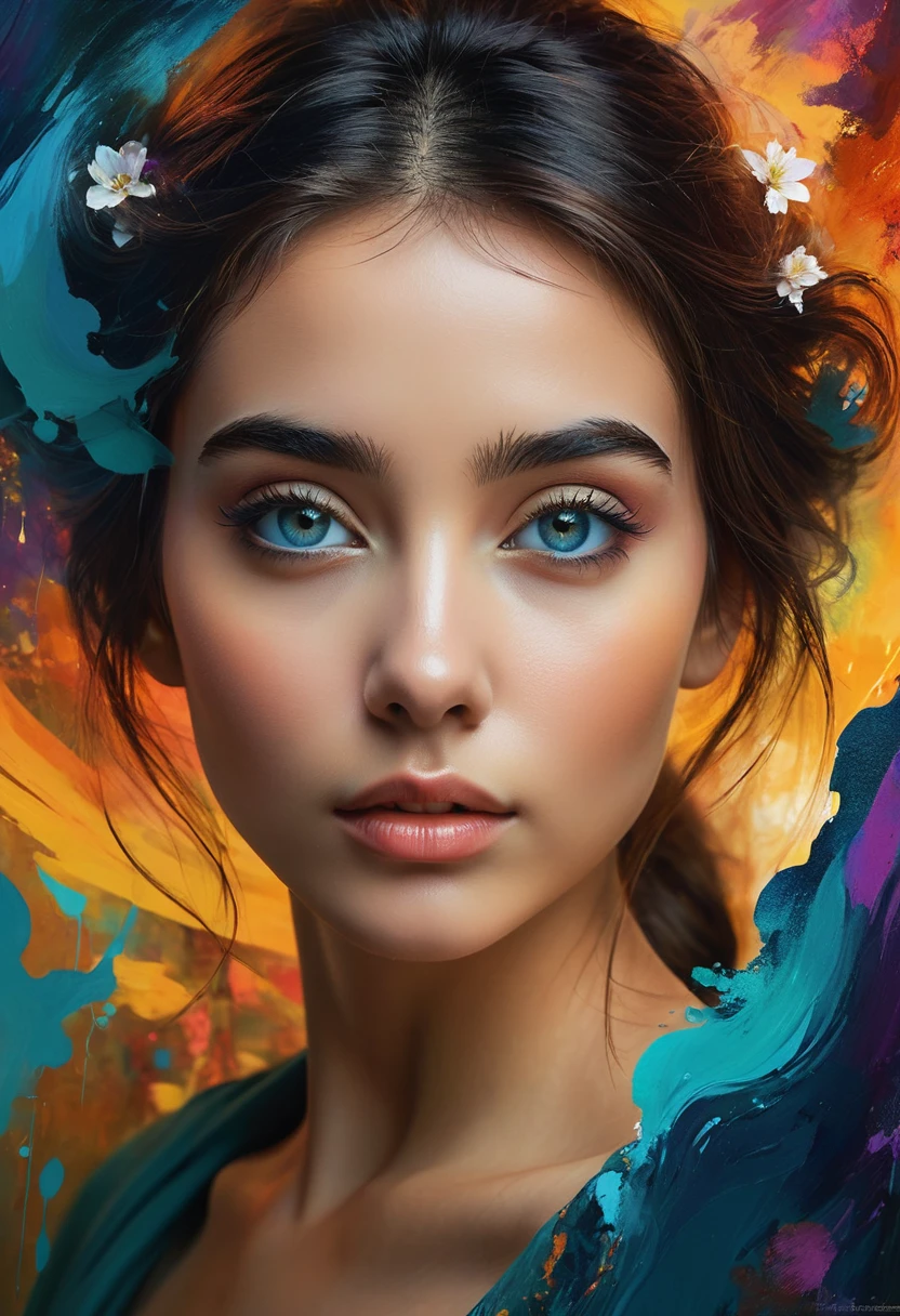 Create a mesmerizing and unique piece of art featuring a young woman as the central figure. Her presence should radiate elegance and mystery, captivating the viewer. Use a blend of realistic and surreal elements to highlight her special nature. Her eyes should be particularly expressive, conveying deep emotions such as wisdom, hope, and resilience. The background can be a blend of abstract shapes and colors, adding depth and intrigue to the composition. Incorporate subtle symbolic elements that hint at her story and inner world, making the artwork not just a portrait, but a narrative filled with meaning and beauty. Use rich, vibrant colors and masterful lighting to enhance the overall impact, creating a timeless masterpiece.