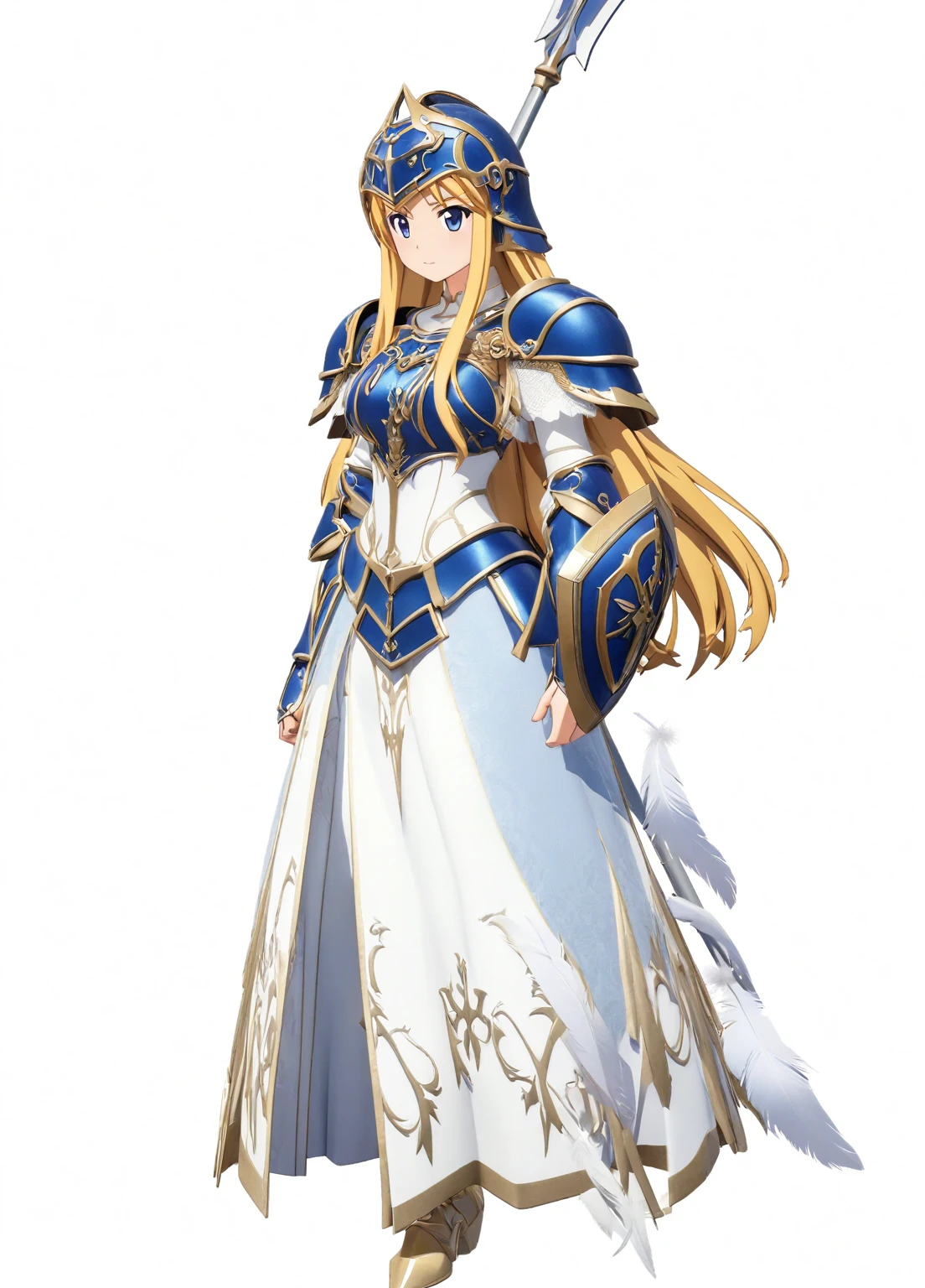 Highest quality, high resolution, High quality game art style, whole body,Valkyrie,perfect hand,Official Art, Smooth game CG art,Cute 3D anime girl render, Visual Novel Sprites, White background,Smooth game CG art, (((Woman with a long spear))),A woman wearing a white dress and blue armor, An intricately designed helmet with white feathers,Small shield, (((In his right hand he holds an elaborate long spear))),Exquisite Blue Armor,Golden Hair, long hair, female knight, Rin々Shii,Large Bust,17 years old,