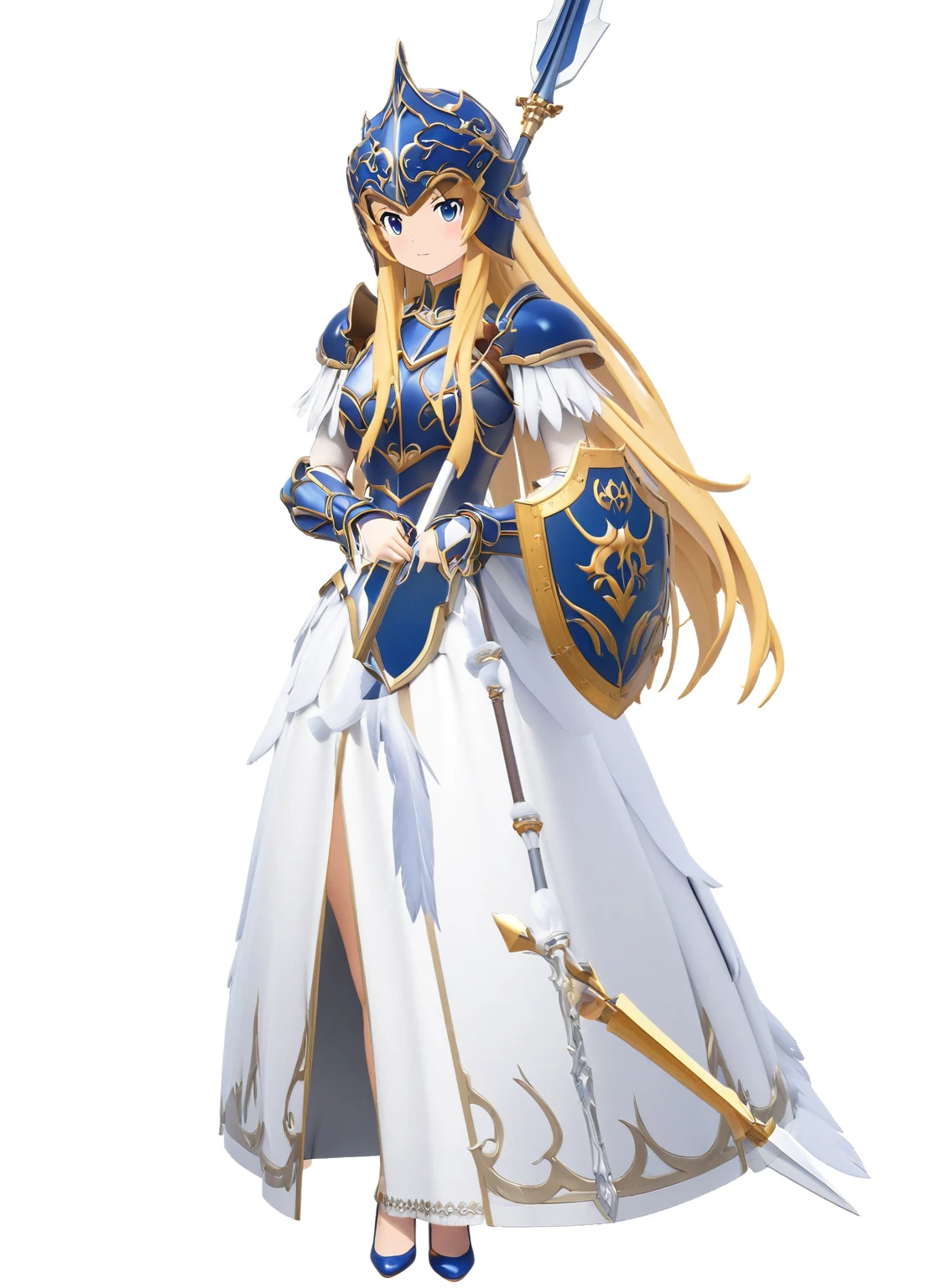 Highest quality, high resolution, High quality game art style, whole body,Valkyrie,perfect hand,Official Art, Smooth game CG art,Cute 3D anime girl render, Visual Novel Sprites, White background,Smooth game CG art, (((Woman with a long spear))),A woman wearing a white dress and blue armor, An intricately designed helmet with white feathers,Small shield, (((In his right hand he holds an elaborate long spear))),Exquisite Blue Armor,Golden Hair, long hair, female knight, Rin々Shii,Large Bust,17 years old,