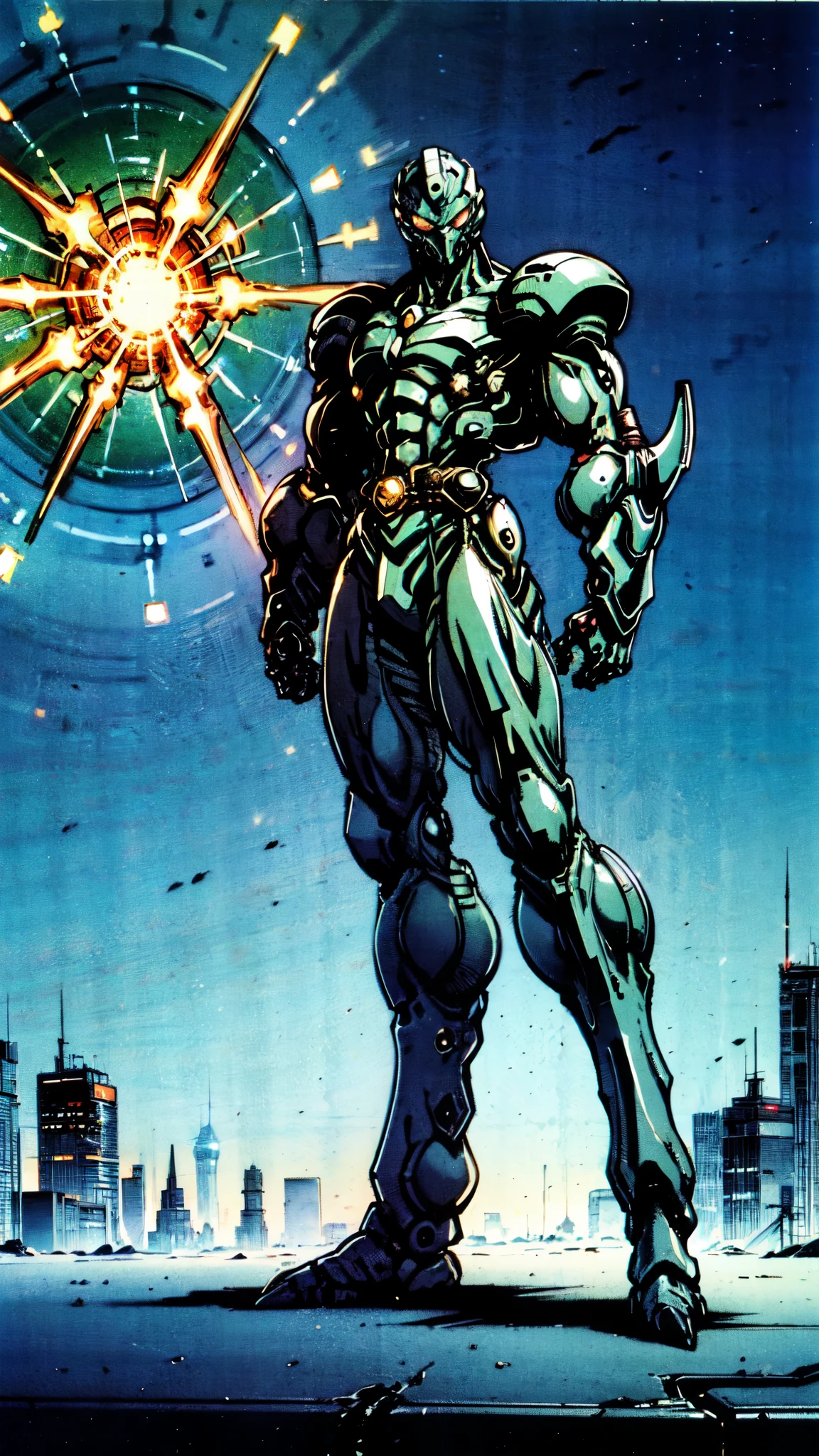 (masterpiece:1.5, best quality:1.5, extremely delicate:1.5, foreshortening:1.5, dynamic angle:1.5), a man wearing a full-face helmet, a fantasy-style biotech armored combat suit, green eyes, (a composite layered chest armor), fully enclosed shoulder guards, matching arm and leg guards, the belt is adorned with neon circuitry, (the color scheme is primarily white with black green accents), the design balances heavy with agility, a high-tech bio-mecha armor, (Armor Concept Inspired by neon Cyberpunk, stand on the top of a skyscraper in a futuristic sci-fi city), this character embodies a finely crafted fantasy-surreal style armored hero in anime style, exquisite and mature manga art style, (element, plasma, energy, the armor glows), ((male:1.5)), metallic, high definition, highres, ultra-detailed, ultra-fine painting, professional, perfect body proportions, golden ratio, anatomically correct, symmetrical face, extremely detailed eyes and face, high quality eyes, creativity, RAW photo, UHD, 32k, Natural light, cinematic lighting, masterpiece-anatomy-perfect