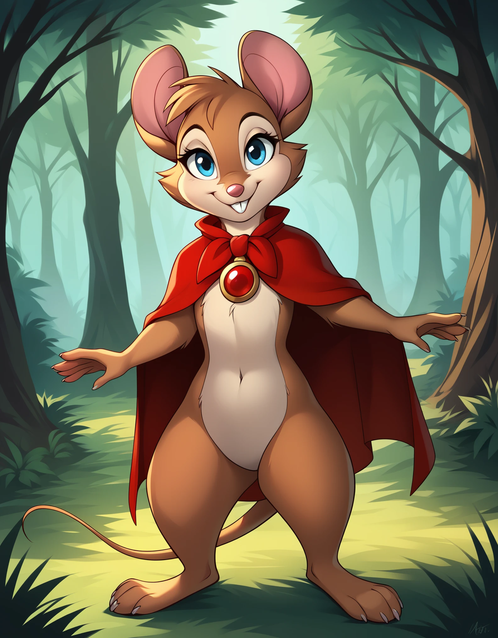 score_9, score_8_up, score_7_up, source_furry, source_safe, best quality, forest, BREAK, 1girl, mrsbrisby_tsonimh, mouse girl, semi-anthro, furry, brown fur, wearing red cape, wearing red pendant, mostly nude, standing, closed mouth, looking at viewer, smile, buck teeth, featureless crotch, featureless chest