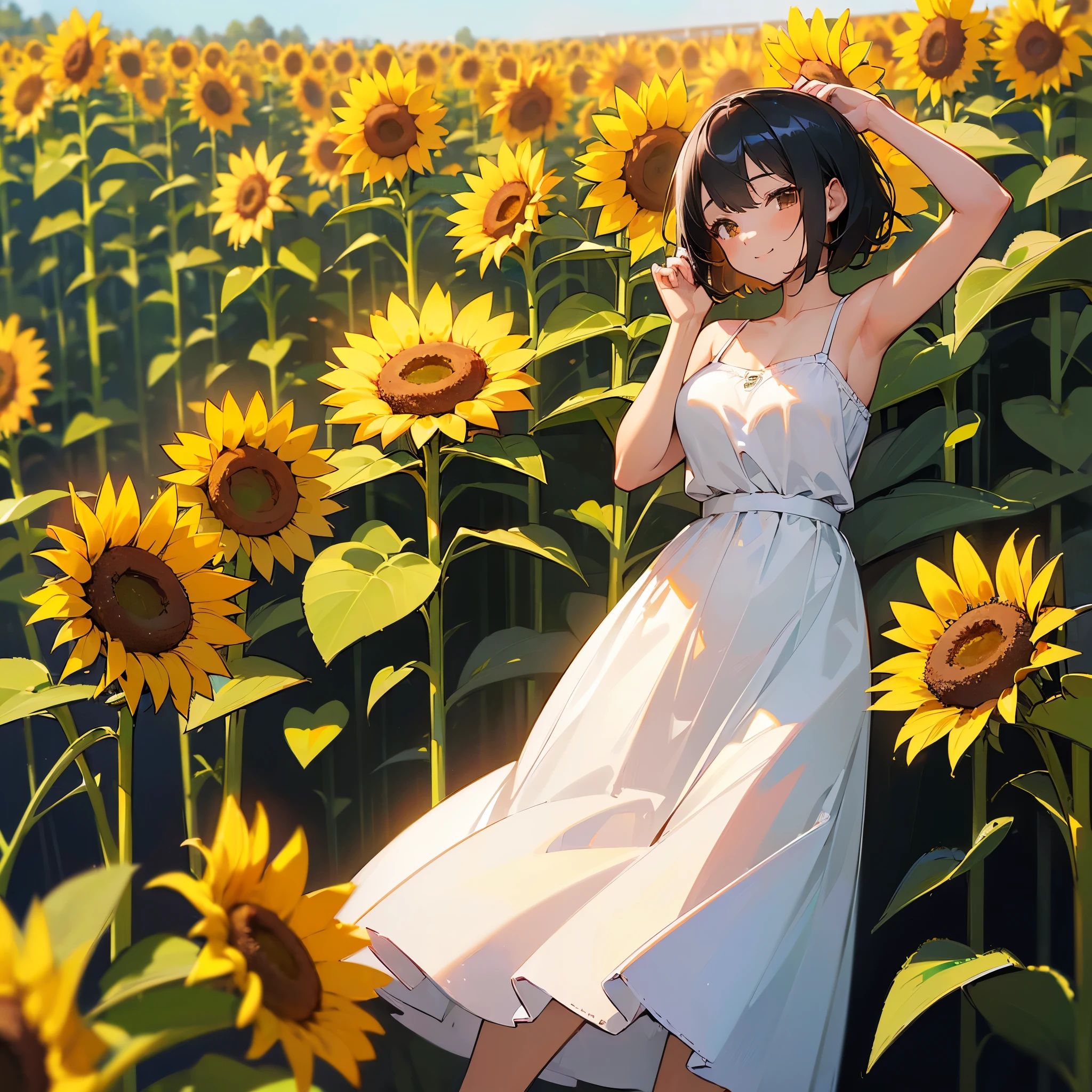 (high quality, High resolution, Very detailed, reality:1.37), Peaceful atmosphere, (Sunflower field), girl standing alone, (my breasts are big.), Beautiful details, Cute Smile, (Black bob hair), White camisole dress, White socks, loafers.