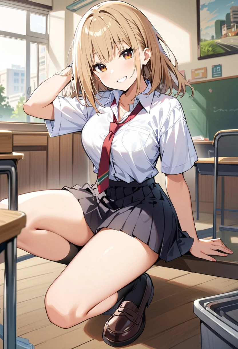 Petrochemical,  picture,One girl,Golden Bob Hair,Brown eyes,Highest quality,高解picture度,A kind smile,JK,Medium chest,high school girl,uniform,Dress shirt,tie,skirt,Black socks,Indoor shoes,classroom,