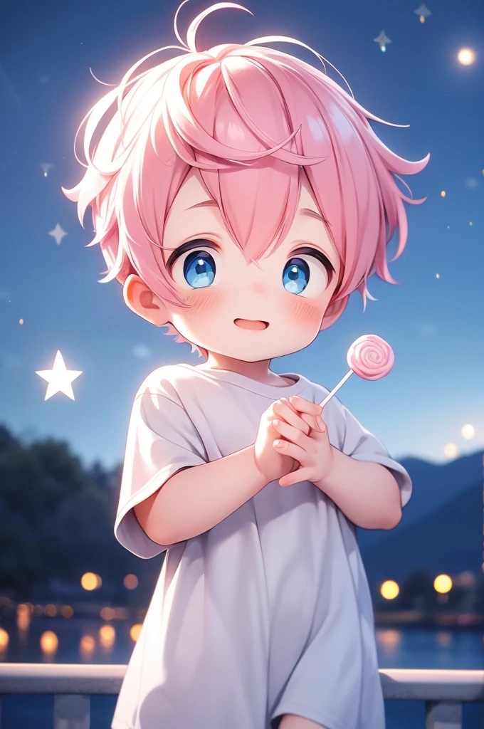 Beautiful with blue eyes and pink hair the scenery of beautiful bright stars with blurred background he is holding a lollipop with his hands