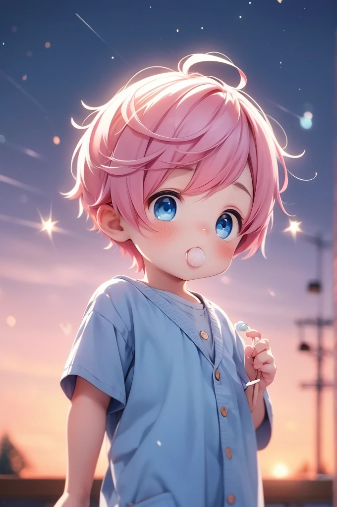 Beautiful with blue eyes and pink hair the scenery of beautiful bright stars with blurred background he is holding a lollipop with his hands