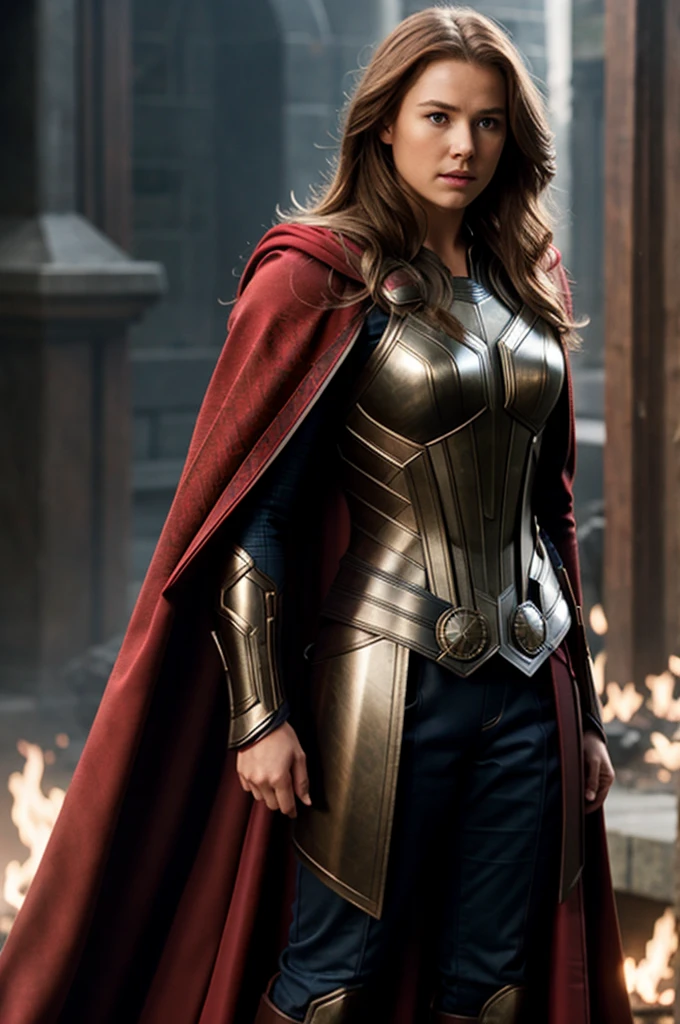 Thor, armour, red cloak, big breasts, brown hair.