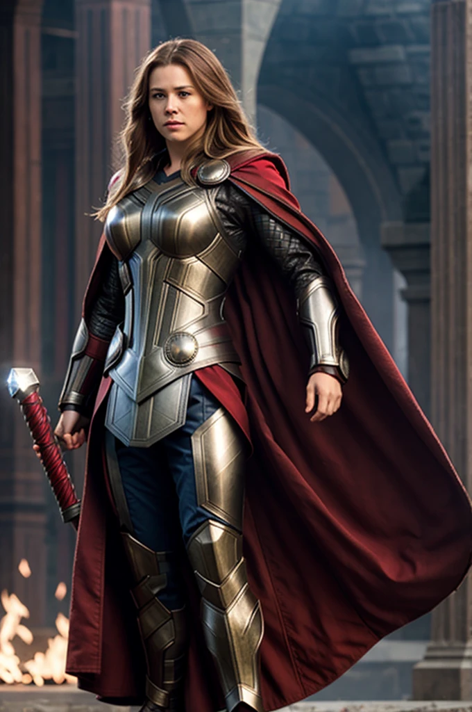 Thor, armour, red cloak, big breasts, brown hair.