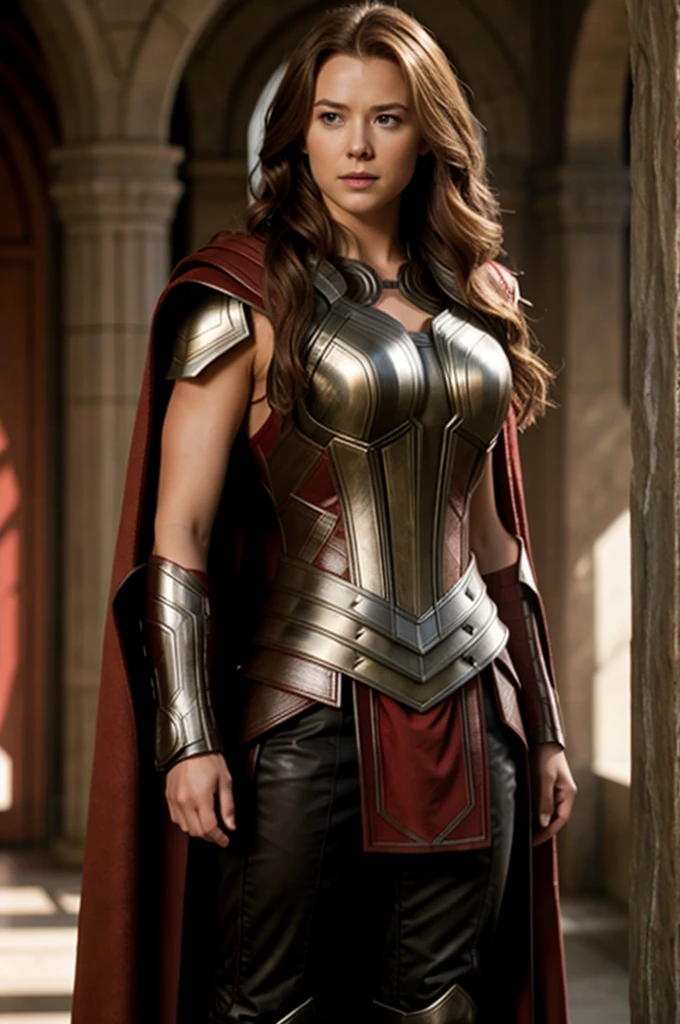 Thor, armour, red cloak, big breasts, brown hair.