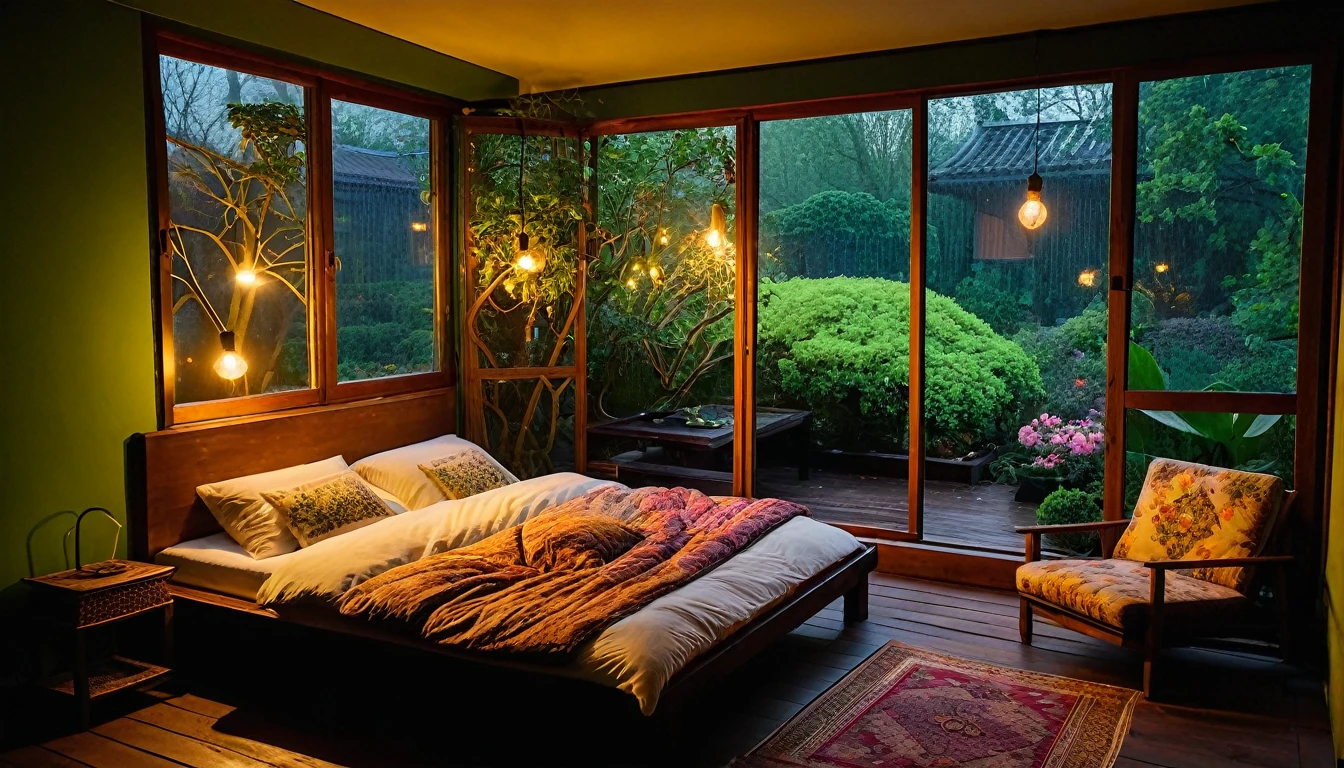 The picture shows a cozy bedroom with large windows offering views of the beautiful, dimly lit garden AND FLOWER-soaked gardens. CINEMATIC, JAPANESE HOUSE, the shape of a Japanese house, and lots of flower gardens in the garden. The bed was unmade with crumpled sheets, indicating only sleep in peace. looks dim, gloomy. Beside the bed there is a small table with a classic lamp burning which radiates warm light into the room. Outside the window, lush green plants can be seen on the terrace or balcony area, rain is falling, the lamp on the left provides warm lighting, creating a calm and peaceful atmosphere. with mist partially obscuring the landscape in the distance. The contrast between the warmth indoors and the rain outdoors creates an inviting and calming atmosphere