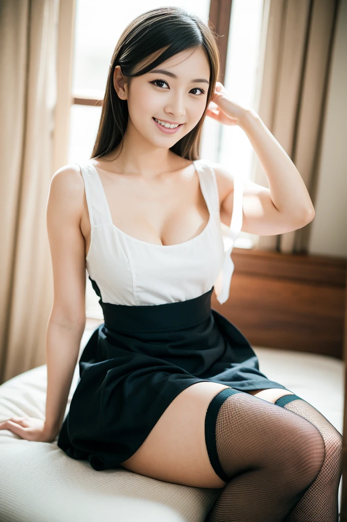 Pure Japanese young maid girl, wearing traditional British maid dress, stockings, high heels, vivid makeup, natural black hair styles, sitting and relaxing, sexual attractive, sweet smile, professional portrait photography, summer morning light,
