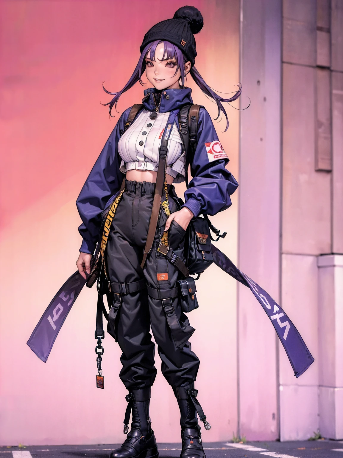 (((best qualityer))), (((absurdres))), (((1girl))), (((Urban girl))), (((malicious smile))), a beautiful and sexy girl with multi-colored hair wearing ultra modern clothes with kanjis printed on her nylon jacket with diamond-shaped stitching, (((slim with fitness body))), bright and contrasting colors, (((Hip-hop style low-waisted wide-leg pants with panty straps showing))), (((stylish Beanies with vertical seams))), Brand logo, hip-hop gold neck chains, padlock, buttons with Japanese art, multi colored hair and futuristic modern cut, with your hand in your pocket, in the background buildings and walls with colorful graffiti, under boob