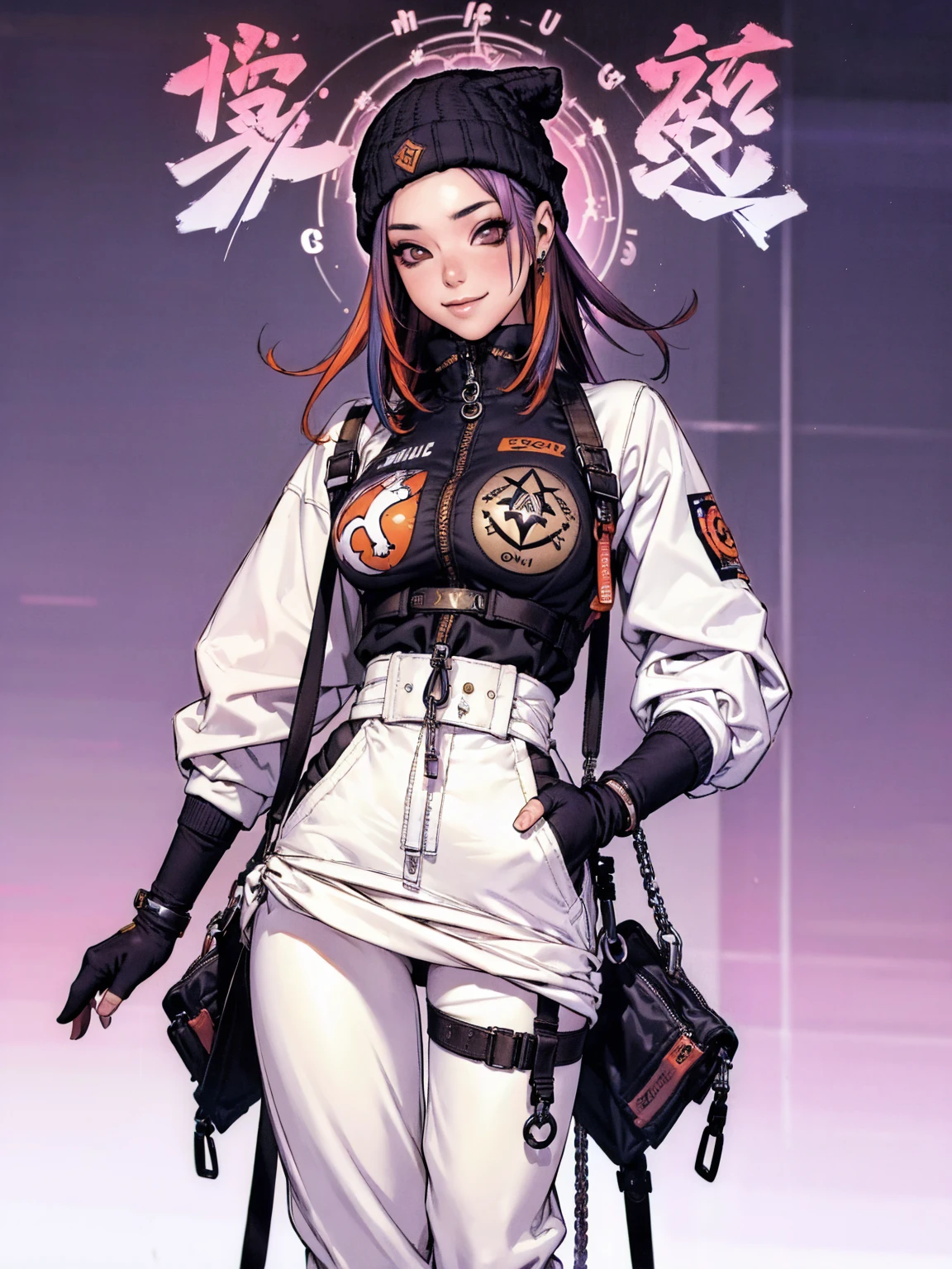 (((best qualityer))), (((absurdres))), (((1girl))), (((Urban girl))), (((malicious smile))), a beautiful and sexy girl with multi-colored hair wearing ultra modern clothes with kanjis printed on her nylon jacket with diamond-shaped stitching, (((slim with fitness body))), bright and contrasting colors, (((Hip-hop style low-waisted wide-leg pants with panty straps showing))), (((stylish Beanies with vertical seams))), Brand logo, hip-hop gold neck chains, padlock, buttons with Japanese art, multi colored hair and futuristic modern cut, with your hand in your pocket, in the background buildings and walls with colorful graffiti, under boob