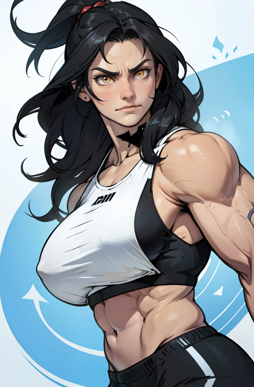 (classic painting style) ((1 girl)), extremely long hair, solo, ((muscular)), veins, black hair, yellow eyes, pale skin, strong, veins, abs, (huge breasts), frowning