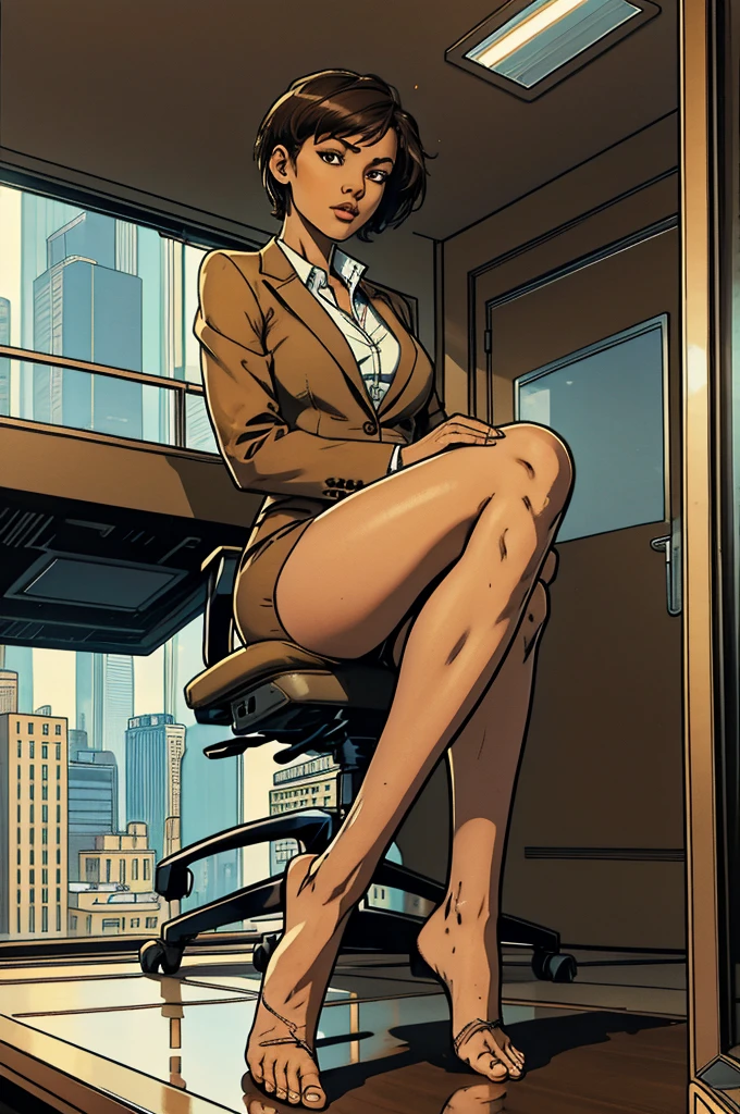 Girl in a suit, barefoot, showing feet, sitting, crossed legs, short hair, brown skin, ceo office on the top floor with glass in the background, low angle