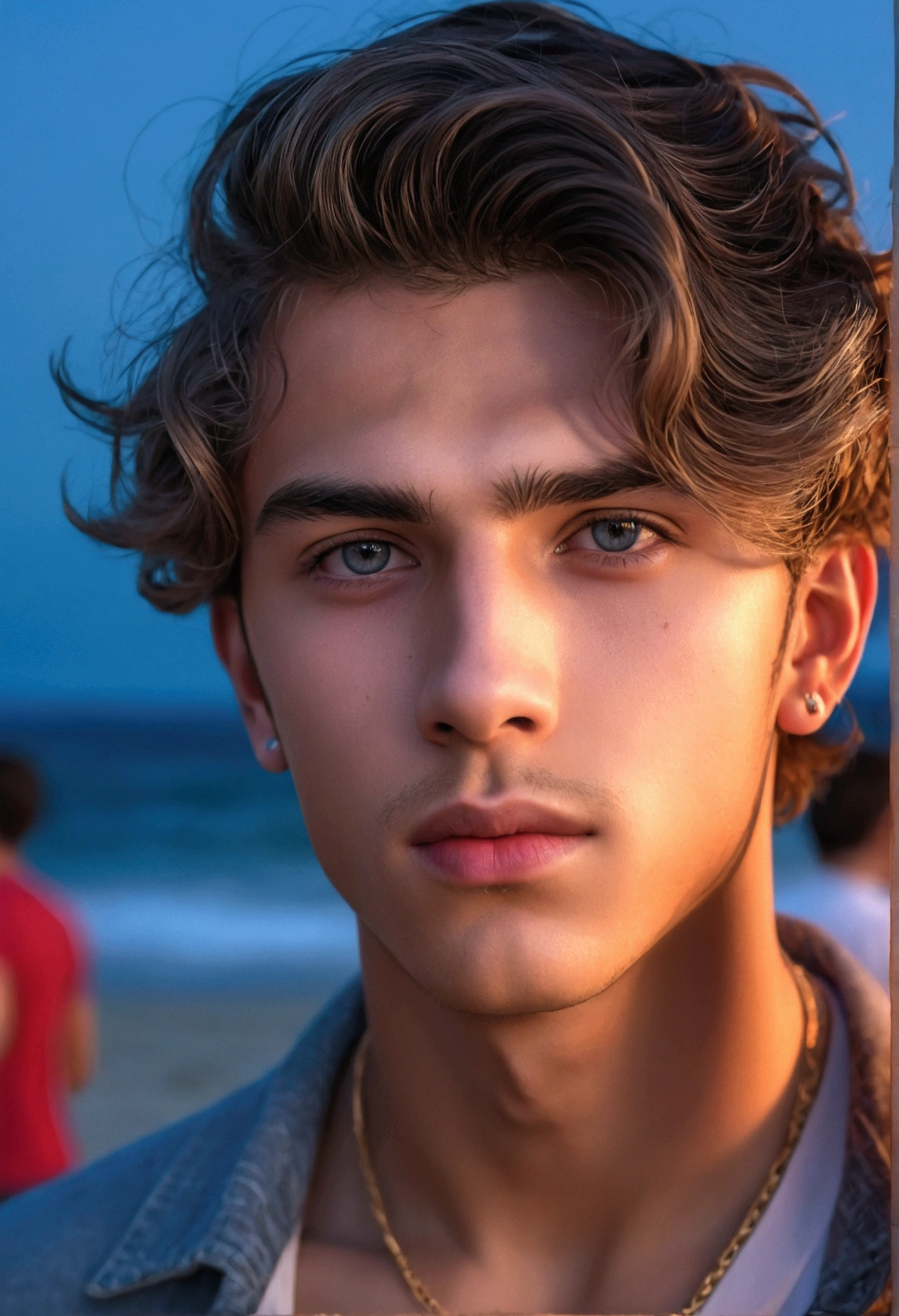 a 19 year old man at a night beach party, detailed portrait, handsome intense gaze, beautiful detailed eyes, beautiful detailed lips, extremely detailed face, beach party atmosphere, night sky, moonlight, waves crashing, summer atmosphere, colorful party lights, detailed clothing, realistic, photorealistic, 8k, masterpiece