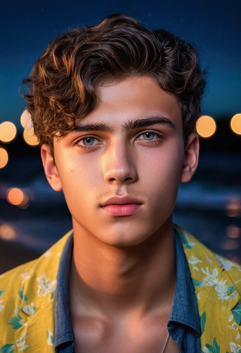 a 19 year old man at a night beach party, detailed portrait, handsome intense gaze, beautiful detailed eyes, beautiful detailed lips, extremely detailed face, beach party atmosphere, night sky, moonlight, waves crashing, summer atmosphere, colorful party lights, detailed clothing, realistic, photorealistic, 8k, masterpiece