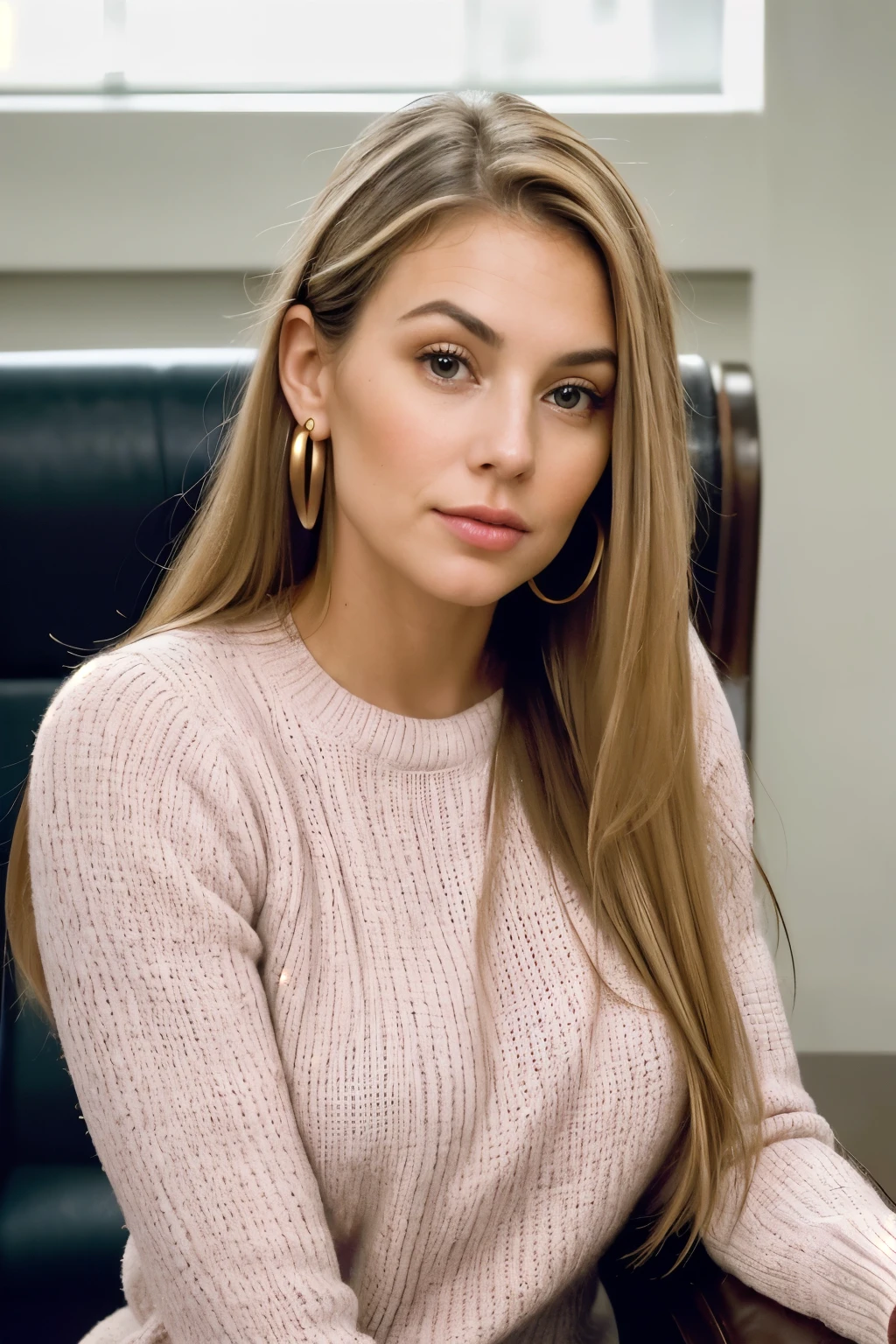 high quality ultra-realistic photo of a 26yo American woman , fullbody, she's standing by counter, adorable, exceptional lush detail, this stunning young blonde woman is ultimate, serious bank teller surroundings, she's visible, approachable, image ultra, extraordinarly micro-realistic cinema quality photo of a woman , exceptional lush detail of woman beside bank counter,, ((friendly glance to camera)), waiting on us, soft bright lights, no makeup, her hair behind her ears, she's wearing (tight pink sweater with black pants), MESMERIZING, high quality 1 woman ,(), taken interior bank lobby, in a (bank:1.1), she loves, financial institution,, ((high contrast:1.2)), (professional woman), ((taken using Leica camera, aperture: f/2.3)) , hyper-realistic skin, pores, (she has LONG golden brushed hair), her hair is over her ear, healthy sun-kissed skin, blushing, blush cheeks, a (professional woman:1.1), relaxed, natural light glow, radiant skin , perfectly framed face, (perfect image, incredible eyes:1.1), raw photo, beautiful composition, golden ratio, bank profile, playful pleasure joy, inspiring, (highest quality fabric texture), every detail,Fine facial features – (Highest Quality) ,film, High qualitydetails ultra detailed(Ultra-fine ), Photorealistic , high resolution),relaxed photos
