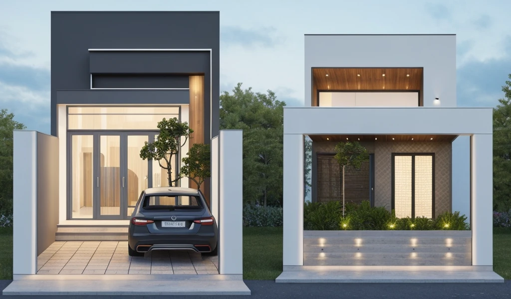PLATFORM KTHOUSE, 1 morden villa, main material of villa about build color wall:1.2 glass panel:1.1 and stone:1.2, 1large yard, 1 road runs in front of the house, (RAW photo, real, best quality, masterpiece:1.2), look morden minimalist, 1 road in front of the house, dynamic lighting:1.3, (hyper realistic, photo-realistic:1.2), high quality, (dark lighting:1.2), perfect lighting, archdaily, no human