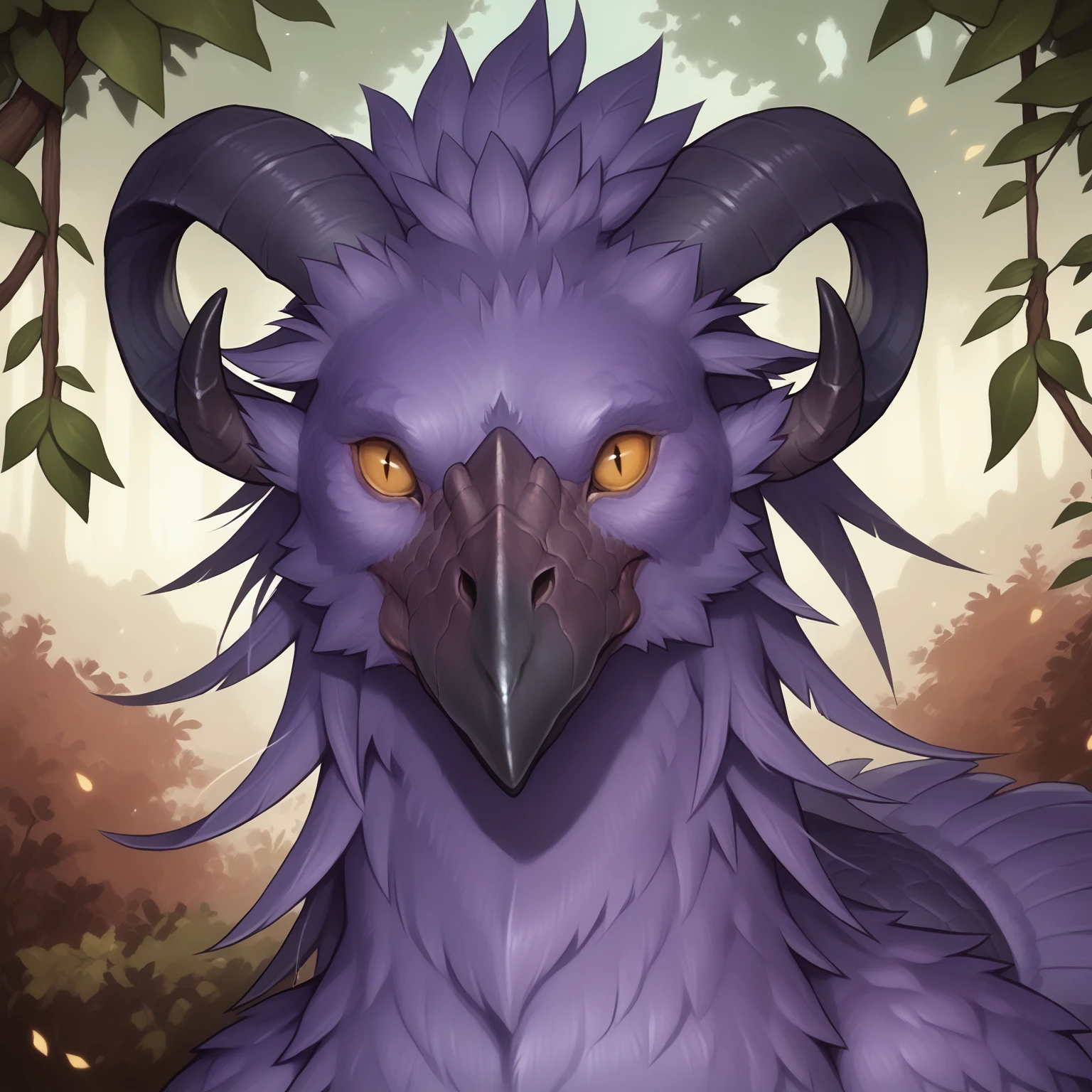 (((beautiful, high quality, perfect eyes, comics style, semi-realistic, detailed face))), score_9, score_8_up, score_7_up, BREAK ((Chocobo, Purple Feathers)), (((Black Horns, Horned, Curved Horns))), ((yellow sclera, black pupils)), outdoor, fantasy background, autumn, boreal forest, DeepNegative_xl_v1, zPDXL2, detailxl