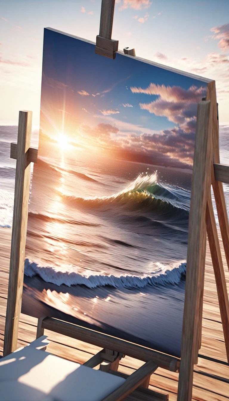 Abstract representation of a beachfront sunrise, illustration, painting, 3d render, cinematic