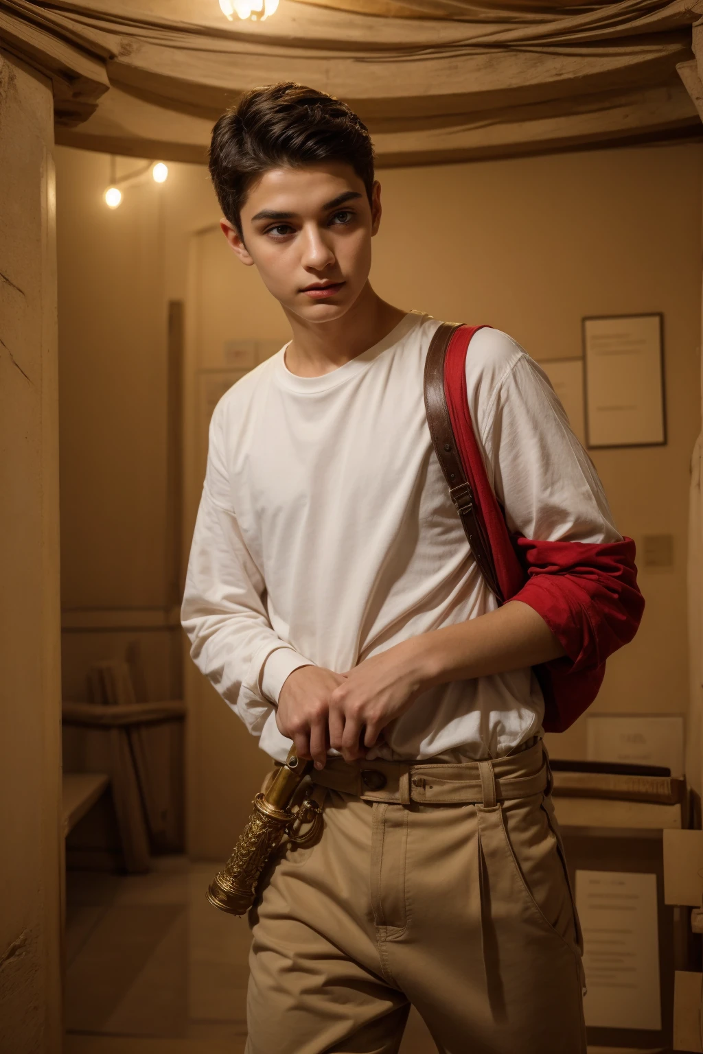 A cute, beautiful twink male with black hair and a red face with makeup. He is wearing a long-sleeved white shirt and brown pants. He is a leader. He is in the Antiquities Museum for military equipment. He is carrying his golden sword and is looking in amazement.