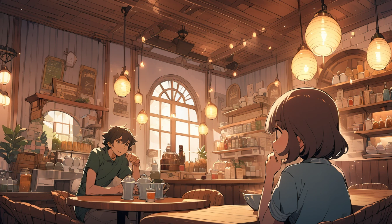 ghibli style, super large cafe, shining, bright, elaborate, ultra high definition, There's music playing in the cafe., modern interior, 18-year-old girl with short hair at a cafe table, 18 year old girl with long pink hair, study together, The barista is making coffee