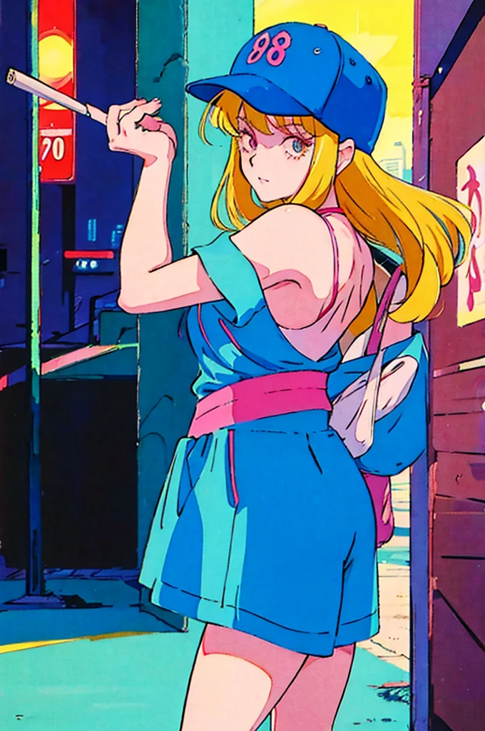 Woman in baseball cap,He is holding up a cigarette and smoking.。, Anime atmosphere of the 80s, 90s anime style, 90s anime style, 80s anime style, In 80s anime art style, 90s anime art style, Anime atmosphere, 80s anime art style, 1980's anime style,Neon Light