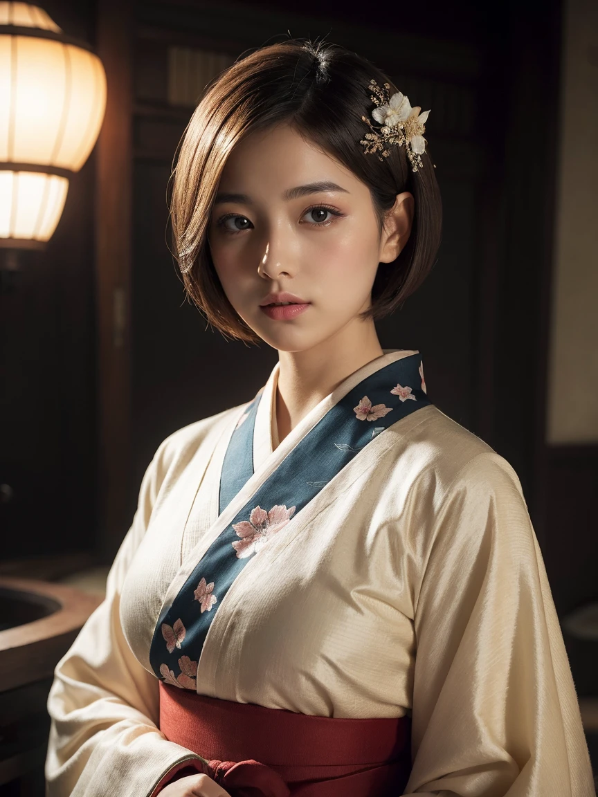 Top Quality, Masterpiece, High Definition, 1girl, Beautiful and Perfect Face, Bob Cut, Japanese Clothing,Kimono, Intricate Details, Cinematic Feel, 8K, Very Detailed