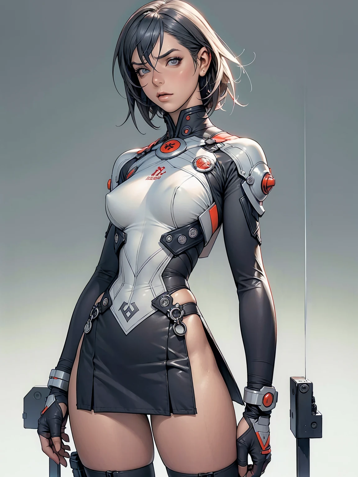(((Annie Lennox))), ((( transparent dark grey blue suit ))), (((bandaged arms))), ((high collar)), (((Ryuko Matoi))), (((micro skirt with vertical seams))), (((best qualityer: 1.4))), (Unbeatable masterpiece), (hiper HD),(CG 8k hyper-realistic), (((brave face))), (((breasts big))), (((hyper feminine))), sexly girl, Thor,（black bob hair)), ((( sculptural body ))), (((1 Kizi))), Kizi cibernética de 25 anos com perfectbody,,Beautiful and well-groomed face,muscular body:1.2,solid color detailed jacket, (Head to thigh photos), Complex equipment, green dark，long pants，Tight clothes are dark，With white stars and off-white stripes,,,,,Armor Metal Electronic Parts) INFO, Kizi, (((standing alone))), pirralha violent, (((14歳))), sexly, pose de atitude, work of art, post-apocalypse, (((manga style))), bounty hunter, violent, Manic, the way you want, slenderbody, thin but strong, perfectbody, roupa moderna, advanced technology, neon, sleeves with vertical striped pattern, neutral background, (( cowboy shot )). intricate visual
