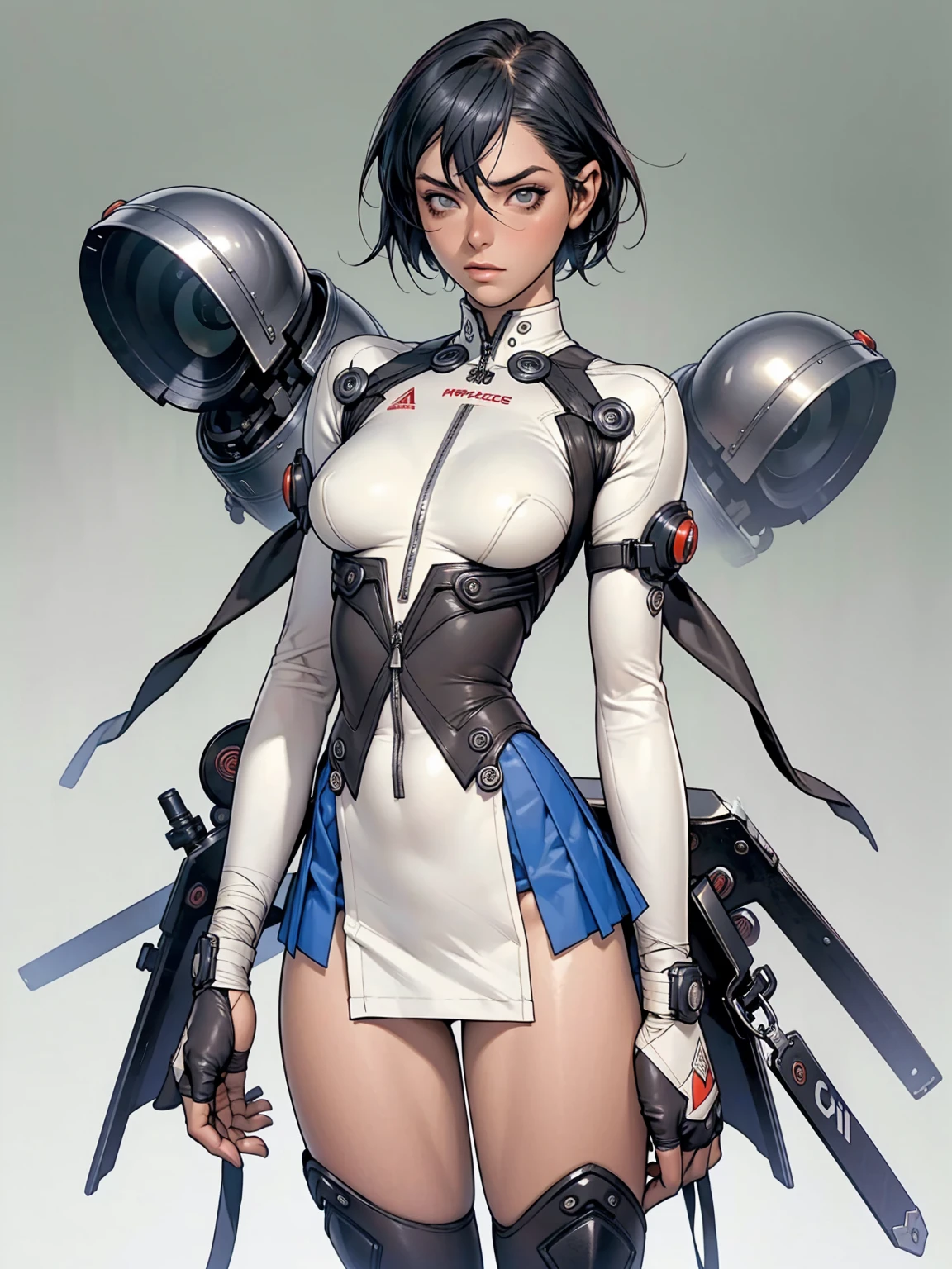 (((Annie Lennox))), ((( transparent dark grey blue suit ))), (((bandaged arms))), ((high collar)), (((Ryuko Matoi))), (((micro skirt with vertical seams))), (((best qualityer: 1.4))), (Unbeatable masterpiece), (hiper HD),(CG 8k hyper-realistic), (((brave face))), (((breasts big))), (((hyper feminine))), sexly girl, Thor,(black bob hair)), ((( sculptural body ))), (((1 Kizi))), Kizi cibernética de 25 anos com perfectbody,,Beautiful and well-groomed face,muscular body:1.2,solid color detailed jacket, (Head to thigh photos), Complex equipment, green dark,long pants,Tight clothes are dark,With white stars and off-white stripes,,,,,Armor Metal Electronic Parts) INFO, Kizi, (((standing alone))), pirralha violent, (((14歳))), sexly, pose de atitude, work of art, post-apocalypse, (((manga style))), bounty hunter, violent, Manic, the way you want, slenderbody, thin but strong, perfectbody, roupa moderna, advanced technology, neon, sleeves with vertical striped pattern, neutral background, (( cowboy shot )). intricate visual