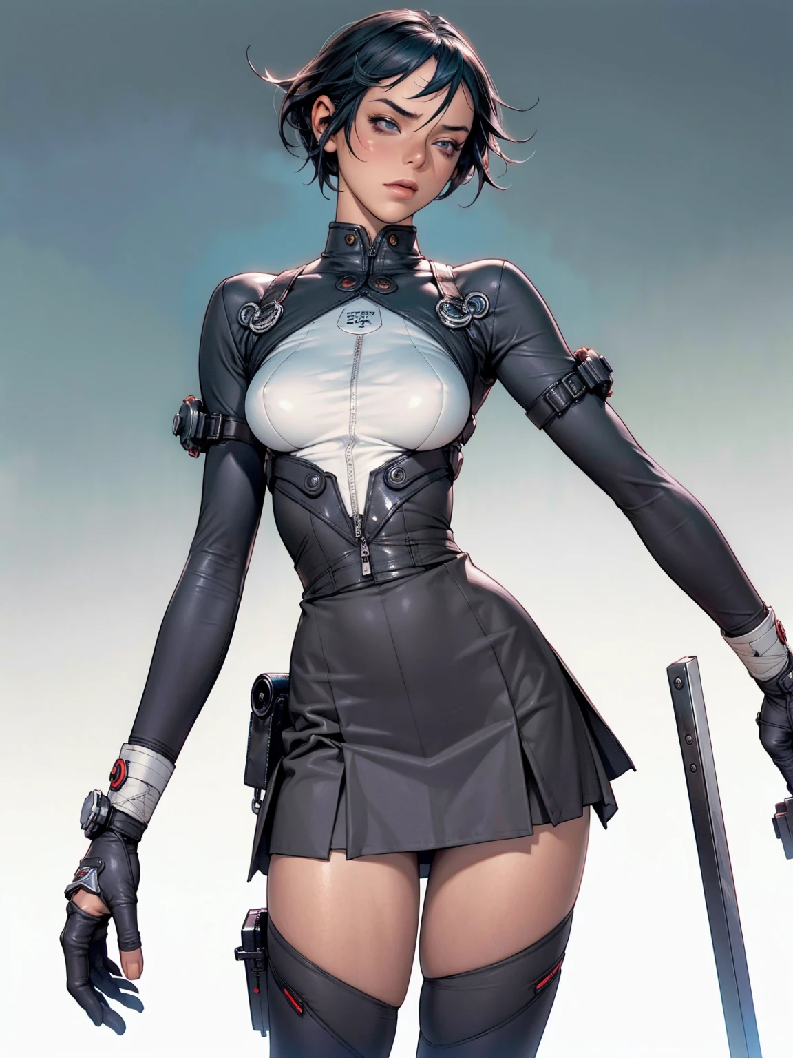 (((Annie Lennox))), ((( transparent dark grey blue suit ))), (((bandaged arms))), ((high collar)), (((Ryuko Matoi))), (((micro skirt with vertical seams))), (((best qualityer: 1.4))), (Unbeatable masterpiece), (hiper HD),(CG 8k hyper-realistic), (((brave face))), (((breasts big))), (((hyper feminine))), sexly girl, Thor,(black bob hair)), ((( sculptural body ))), (((1 Kizi))), Kizi cibernética de 25 anos com perfectbody,,Beautiful and well-groomed face,muscular body:1.2,solid color detailed jacket, (Head to thigh photos), Complex equipment, green dark,long pants,Tight clothes are dark,With white stars and off-white stripes,,,,,Armor Metal Electronic Parts) INFO, Kizi, (((standing alone))), pirralha violent, (((14歳))), sexly, pose de atitude, work of art, post-apocalypse, (((manga style))), bounty hunter, violent, Manic, the way you want, slenderbody, thin but strong, perfectbody, roupa moderna, advanced technology, neon, sleeves with vertical striped pattern, neutral background, (( cowboy shot )). intricate visual