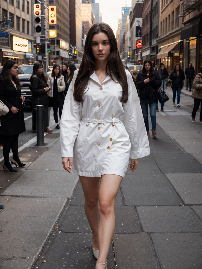 create a white woman, 30 years old, with long, straight, dark brown hair, elegant, walking down the streets of New York