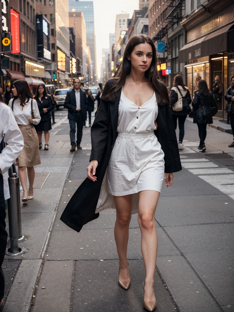 create a white woman, 30 years old, with long, straight, dark brown hair, elegant, walking down the streets of New York
