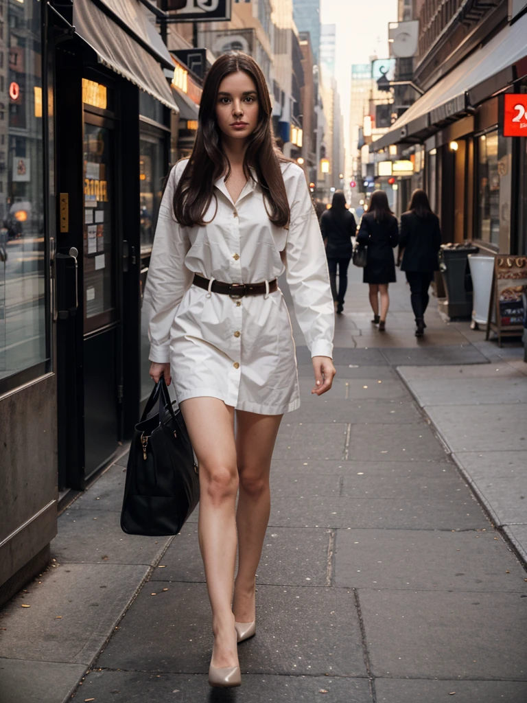 create a white woman, 30 years old, with long, straight, dark brown hair, elegant, walking down the streets of New York