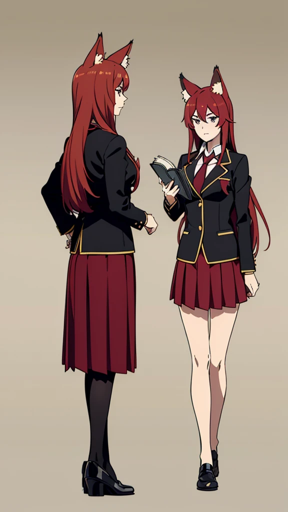 ((beautiful face)),1girl ,20s, female,serious face,(red hair),long hair,fox ears,hair between eyes,(no background, simple background),necktie,black jacket, blazer,long sleeves,pleated skirt,full body,walking,from back,holding books