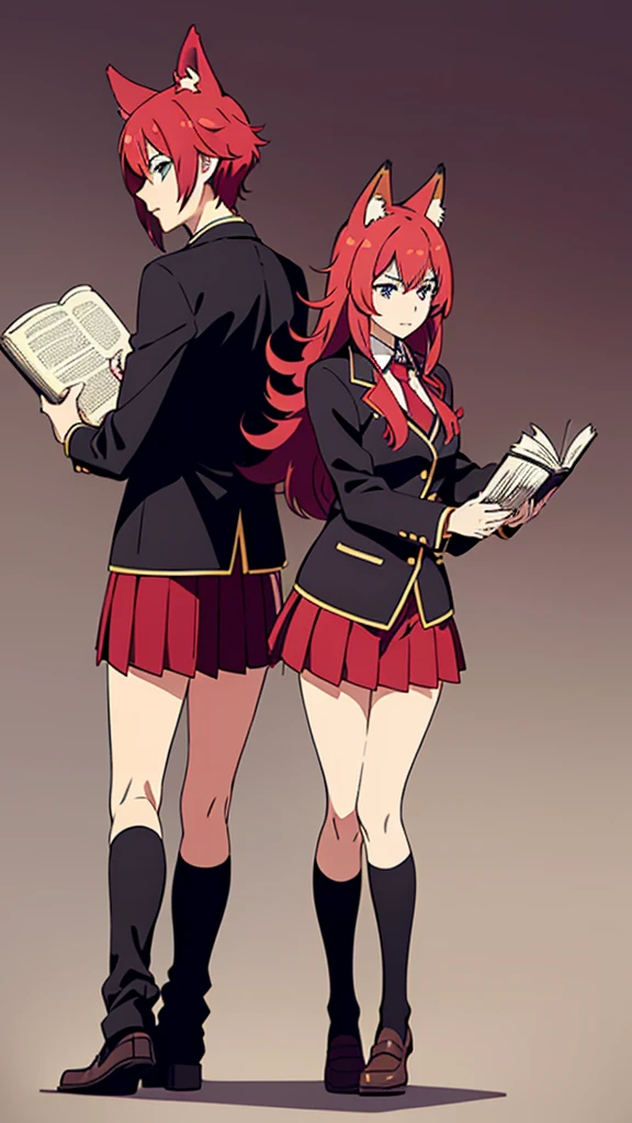 ((beautiful face)),1girl ,20s,mature female,serious face,(red hair),long hair,fox ears,hair between eyes,(no background, simple background),necktie,black jacket, blazer,long sleeves,pleated skirt,full body,walking,from back,holding books
