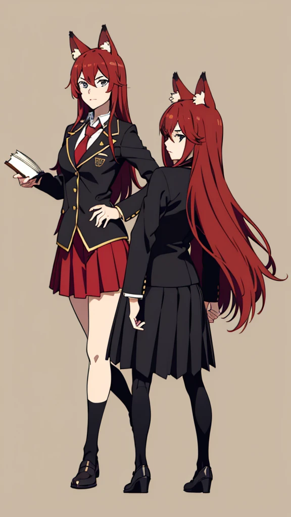 ((beautiful face)),1girl ,20s,mature female,serious face,(red hair),long hair,fox ears,hair between eyes,(no background, simple background),necktie,black jacket, blazer,long sleeves,pleated skirt,full body,walking,from back,holding books