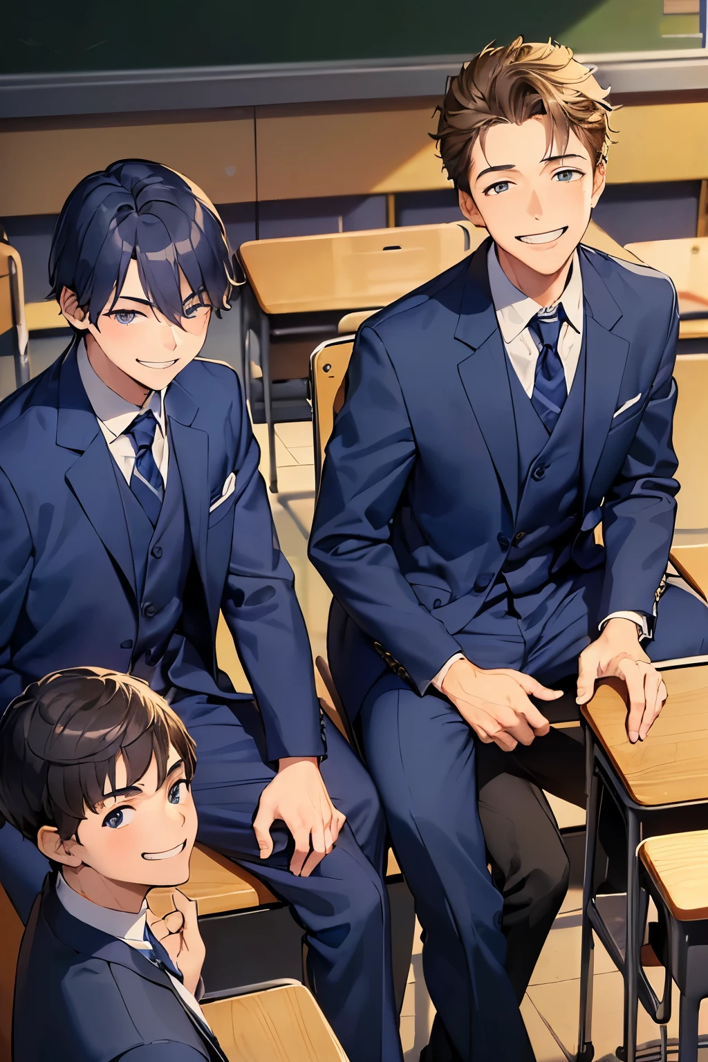 ((best quality)), ((masterpiece)), ((detailed)), (((perfect faces))), (((detailed background))), (((classroom))), (((teenage boys in navy blue suits))), (((looking at viewer))), (((smile, laughing, smirking))), (((sitting))), (((looking over shoulder)))