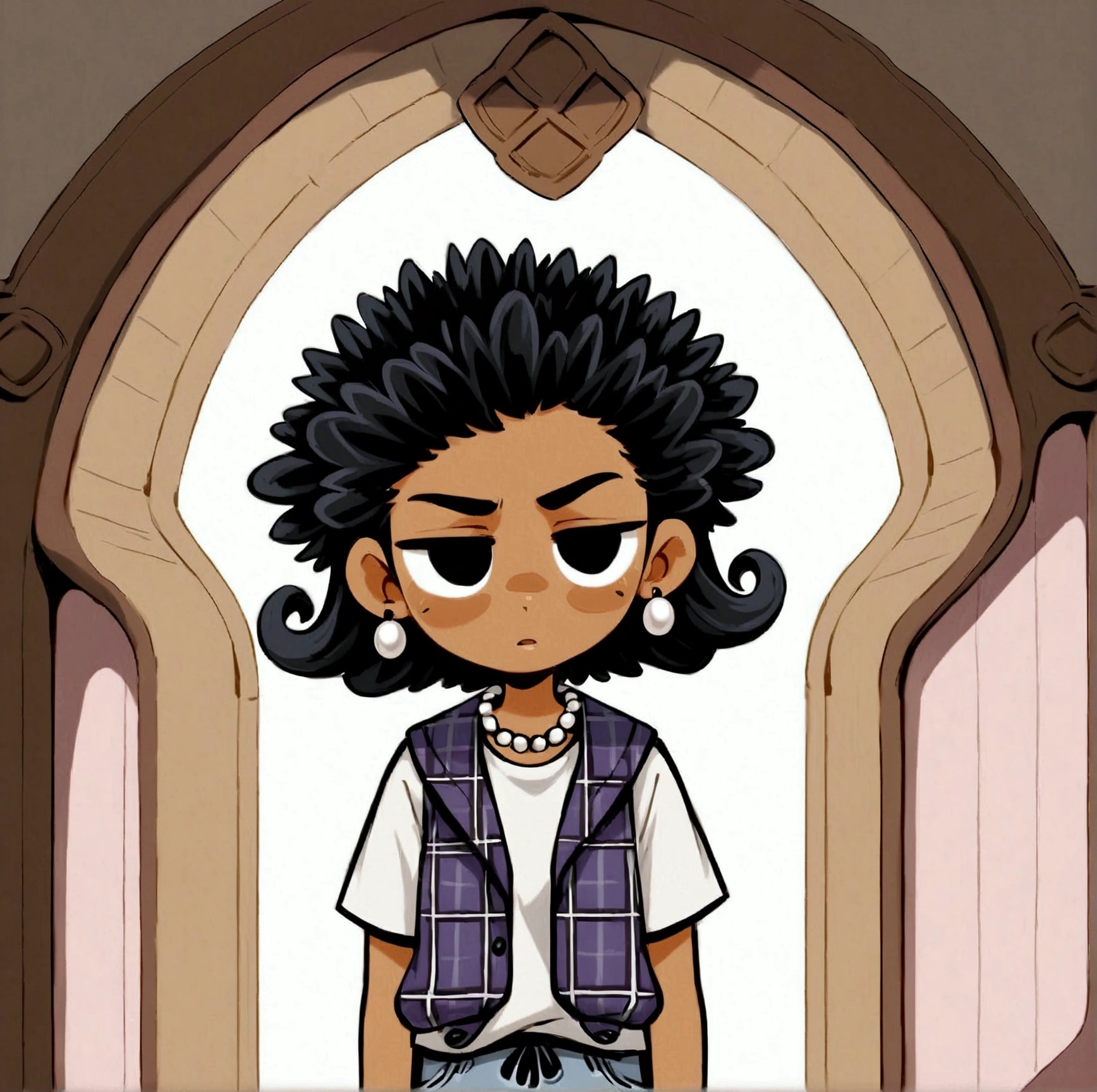 Create a cartoon-style image of a teenager with dark, curly hair, wearing a plaid tank top over a white t-shirt, a pearl necklace, jeans, and earrings.