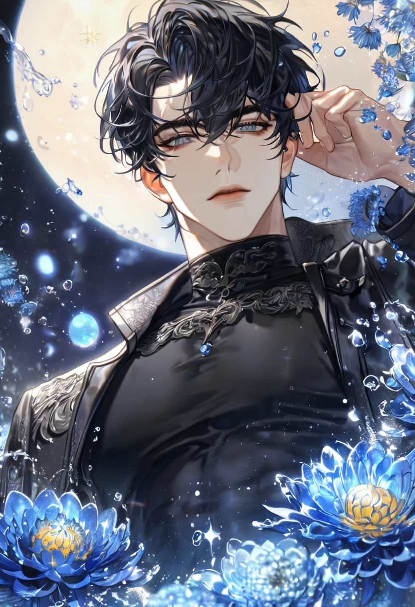 absurdres, highres, ultra detailed, HDR, master piece, best quality, extremely detailed, Yoo Joonghyuk, black hair, expressive gray eyes, Omniscient Reader's Viewpoint, solo, sexy man, handsome, black coat, black tight turtleneck shirt, fantasy, water, sparkling, blue glittering fireflies, blue moon, blue blossoms, blue chrysanthemums, blue sparkling lights, starry sky