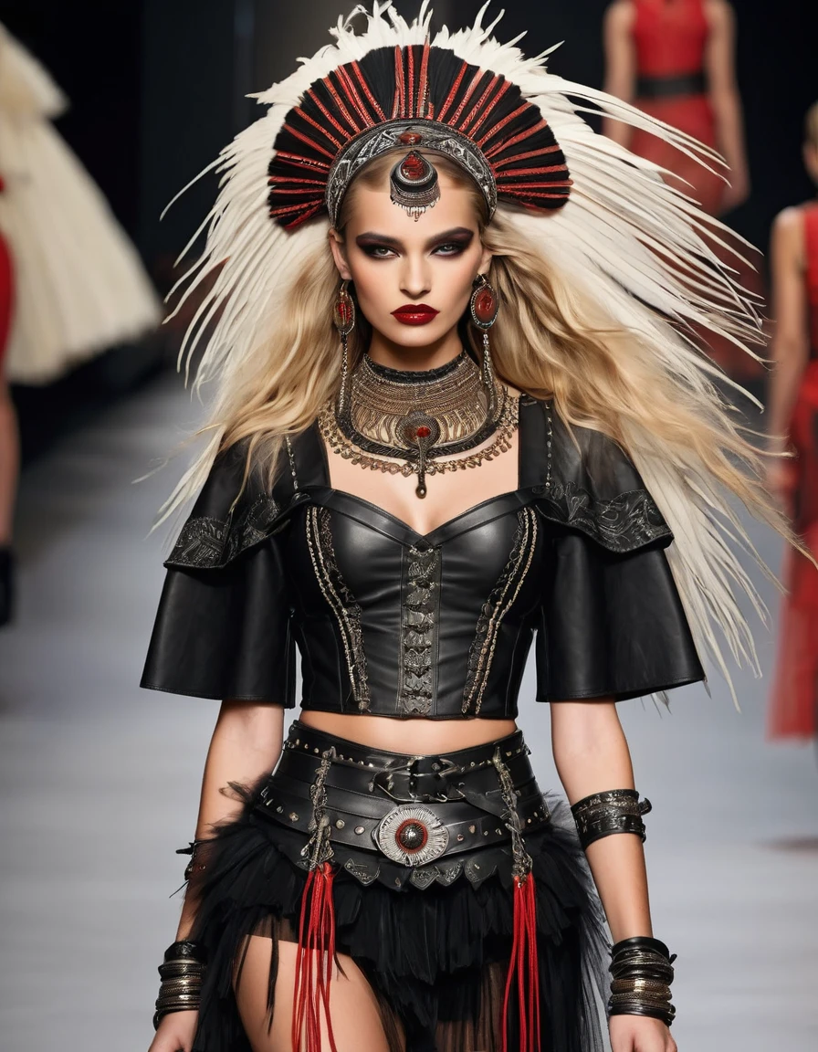 shirt: black veil with lace of indigenous motifs Corset: Black leather with tribal embroidery and crossed laces on the sides.
Skirt: Of tulle en capas, combining black and red tones, with indigenous embroidery on the edges. Asymmetrical, shorter in the front and longer in the back.
belt: Wide black leather with decorated buckle and leather straps with beads and feathers.
accessories: Leather and metal bracelets, bead and feather necklaces, Silver rings, and wide metal bracelet.
shoes: Black military boots with metal buckles and thick soles.
make-up: Smokey eyes with terracotta colors, gold and black. deep red lips.
Additional details: Seed and feather headdresses, colored ribbons in hair.
Long blonde curly hair